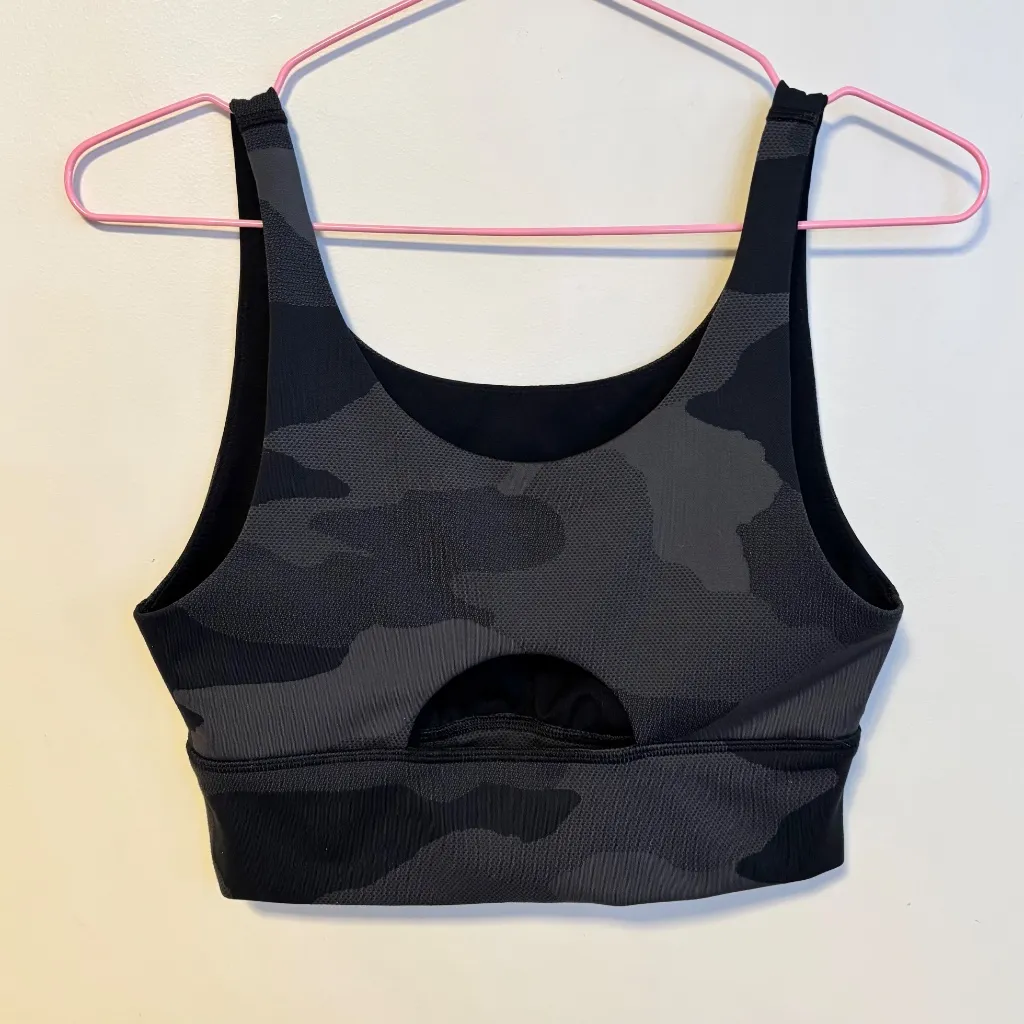 Aerie OFFLINE High Neck Medium Support Stretch Sports Bra Black Grey Camo Size S - Image 5