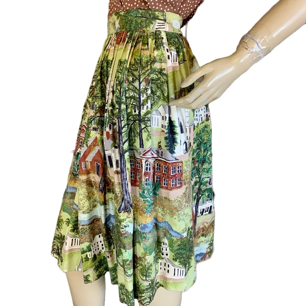 VINTAGE 1950'S GRANDMA MOSES "WILLIAMSTOWN" PRINT FABRIC FULL NOVELTY SKIRT (S) Multiple - Image 3