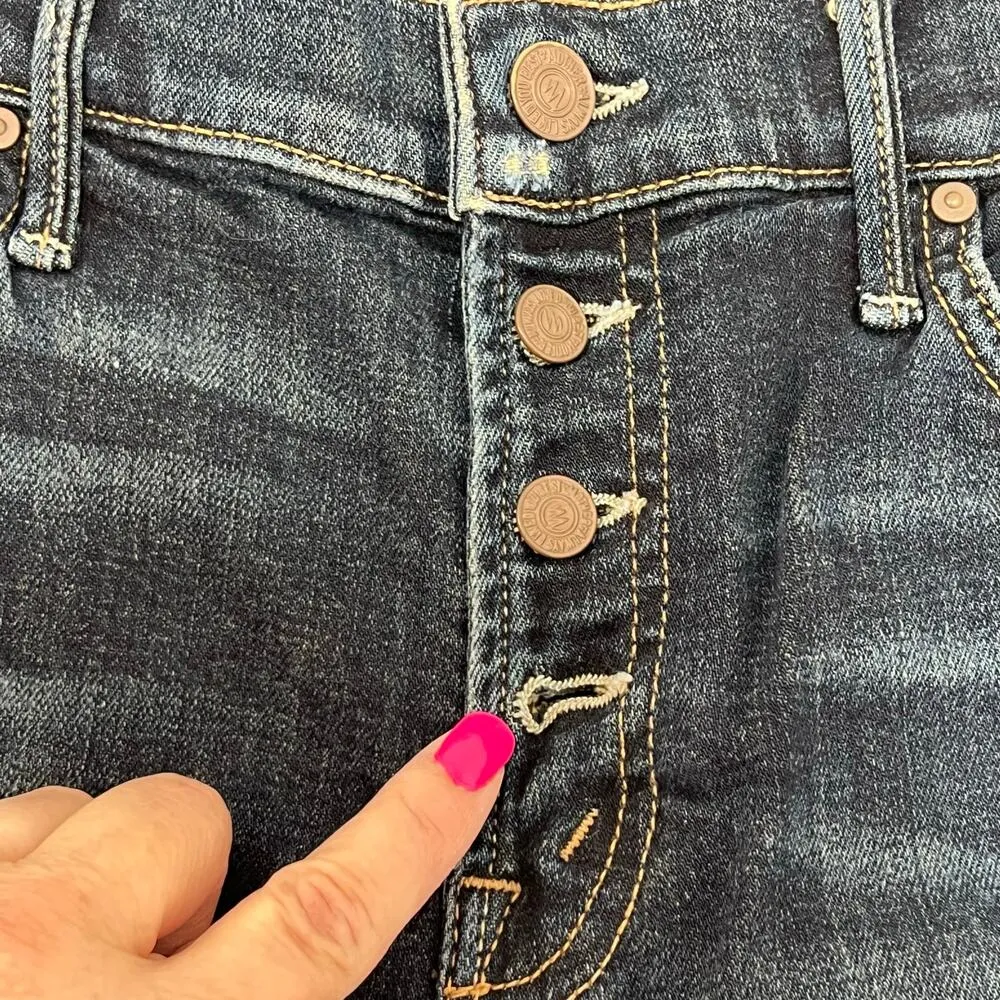 Mother The Pixie Dropout Button Fly Denim Jeans Distressed Size 24 Edgy Grunge Blue - Image 5