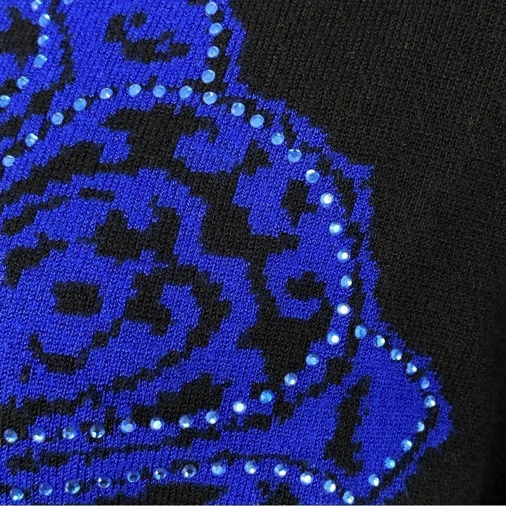 Laura Petites Mandala Print Rhinestone Colorblock‎ Sweater Black Blue XS Size undefined - Image 6