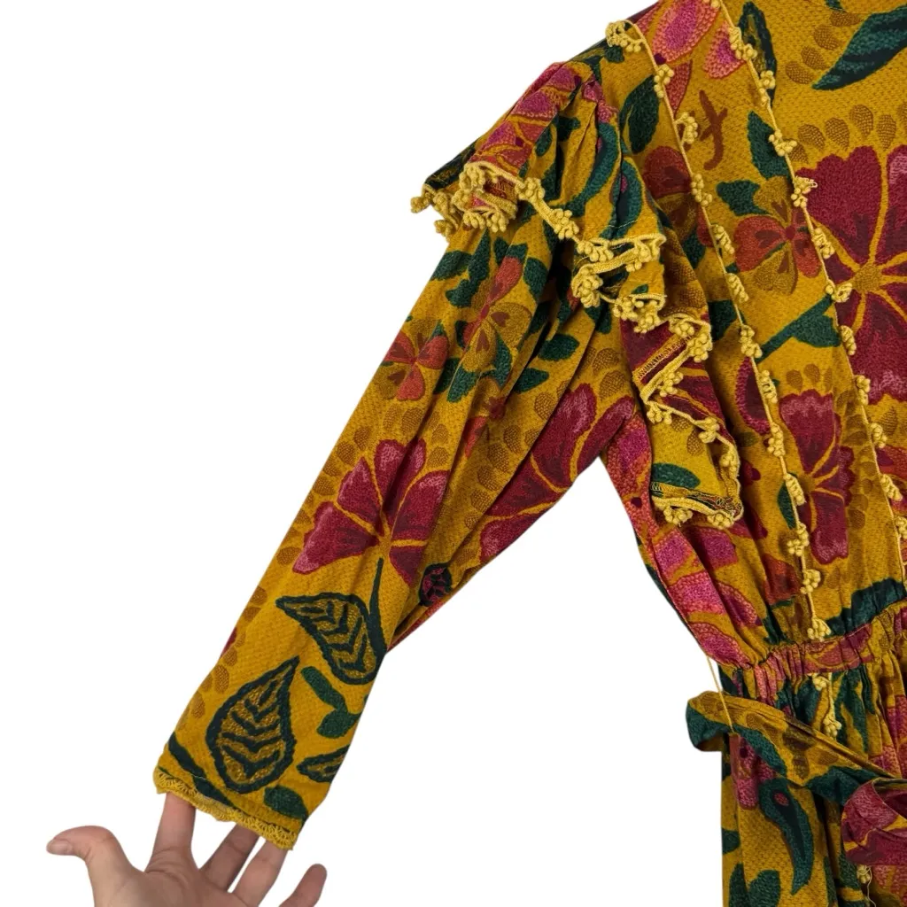 Farm Rio Flowerdoscopic Cotton Ruffle High Neck Floral Mini Dress Yellow Size XS - Image 4