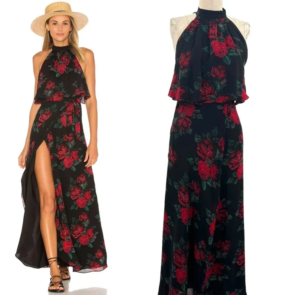 Lovers + Friends Golden Ray‎ Maxi Dress Black Red Floral Rose Print Size Small - Image 2