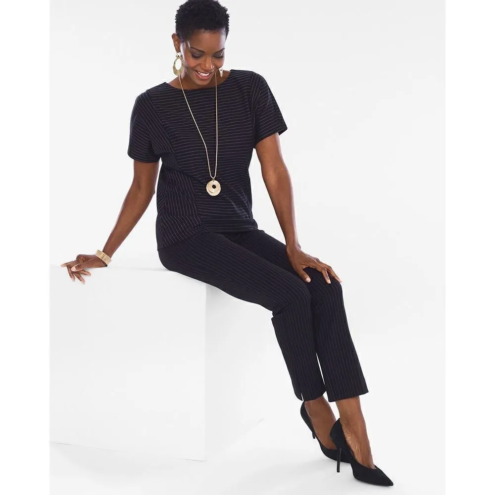 Womens Chico’s Chicos Black Pinstripe Ponte Knit Tee Shirt Top - Sz 2 ( L ) - Image 3