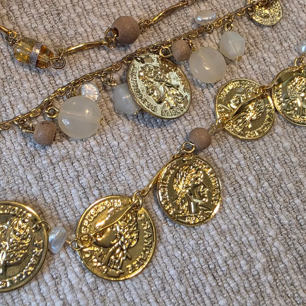 Gold Coin Multi Layer Necklace and Earrings Set - Image 5