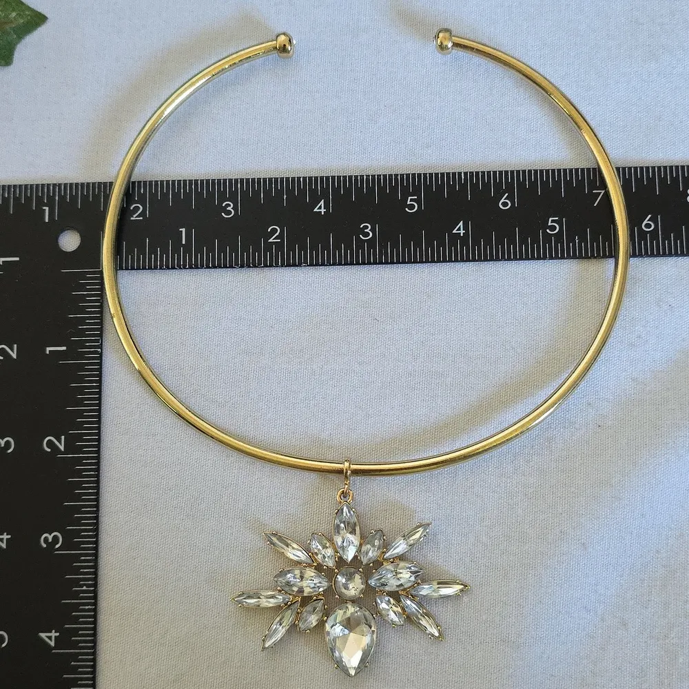 Gold Open Hoop Choker Necklace with CZ Pendant and Earrings Set - Image 8
