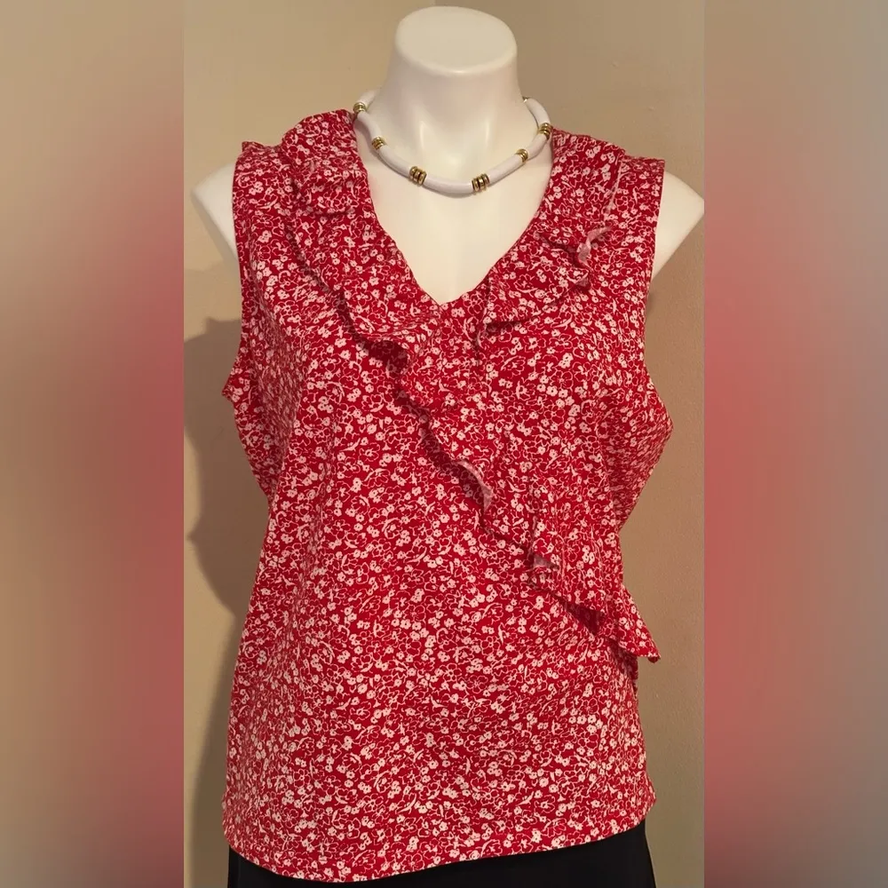CHAPS Red & White Floral Print Ruffled V Neck Sleeveless Summer Blouse S… - Image 2