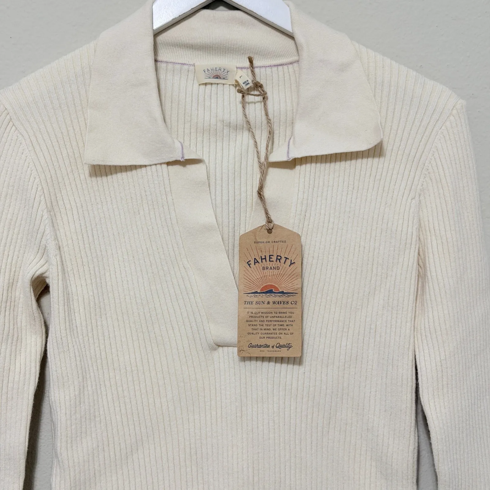 Faherty Shiloh Cashmere Blend Ribbed Long Sleeve Polo Sweater Cream Size Large - Image 3