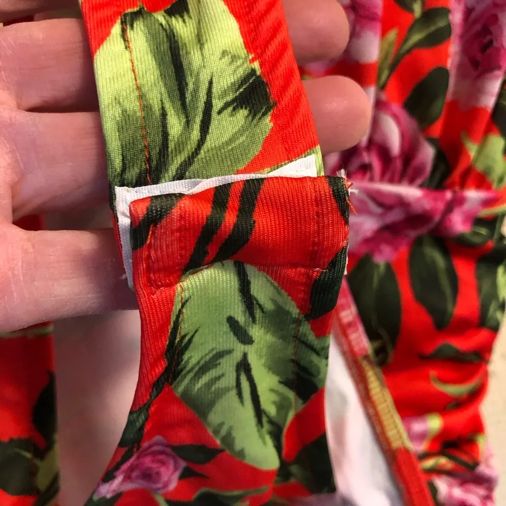 red pink green rose floral flower tropical ruched draped bodysuit S - Image 12