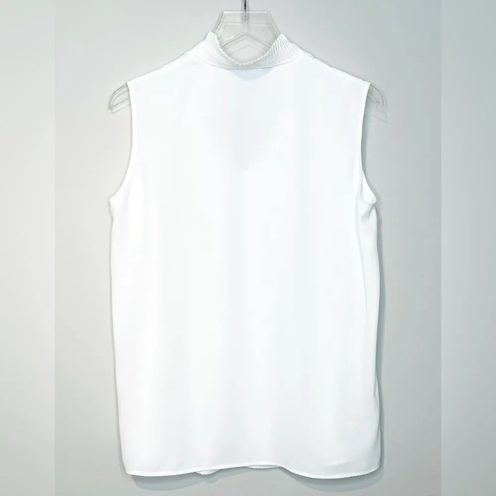 Ming Wang Sleeveless Crepe De Chine Pleated Collar White Tank Blouse Shirt Sz M - Image 2