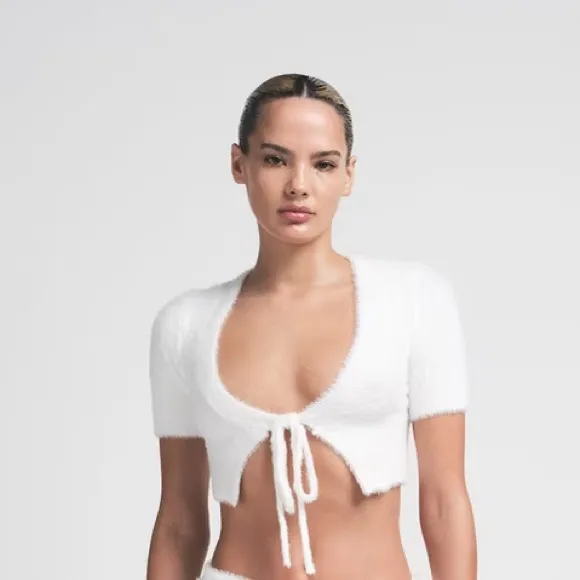 NWT SKIMS Women’s White Fuzzy Knits Tie Front Crop Top Size Large - Image 4