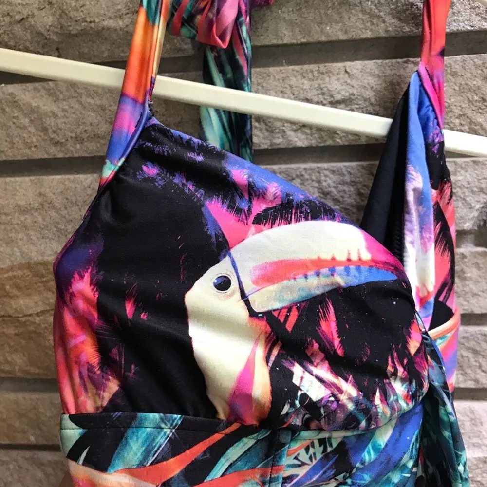 Seafolly Tropical Print One Piece Halter Swimsuit Toucans palm beachy  US 10 - Image 8
