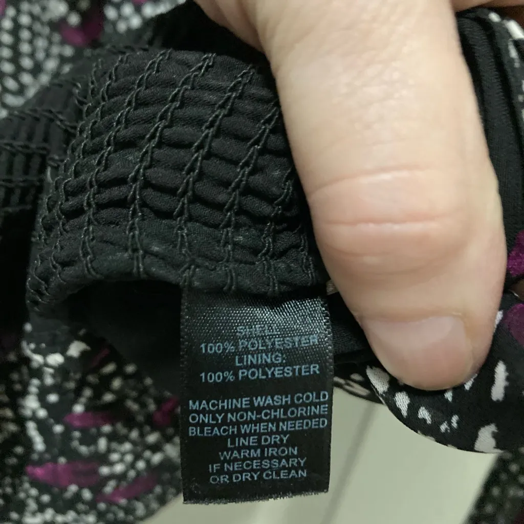 White House Black Market Black Purple Polka Dot Ruffle Sleeveless Blouse - Image 3