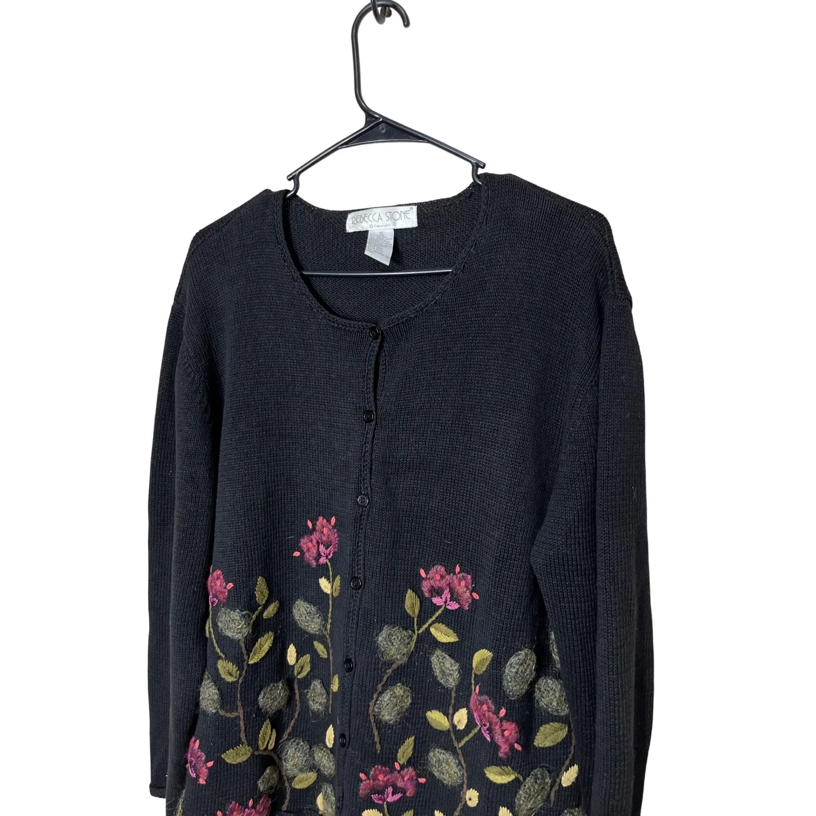 Vintage Rebecca Stone Black Floral Embroidered Knit Cardigan Sweater‎ Womens XL - Image 2