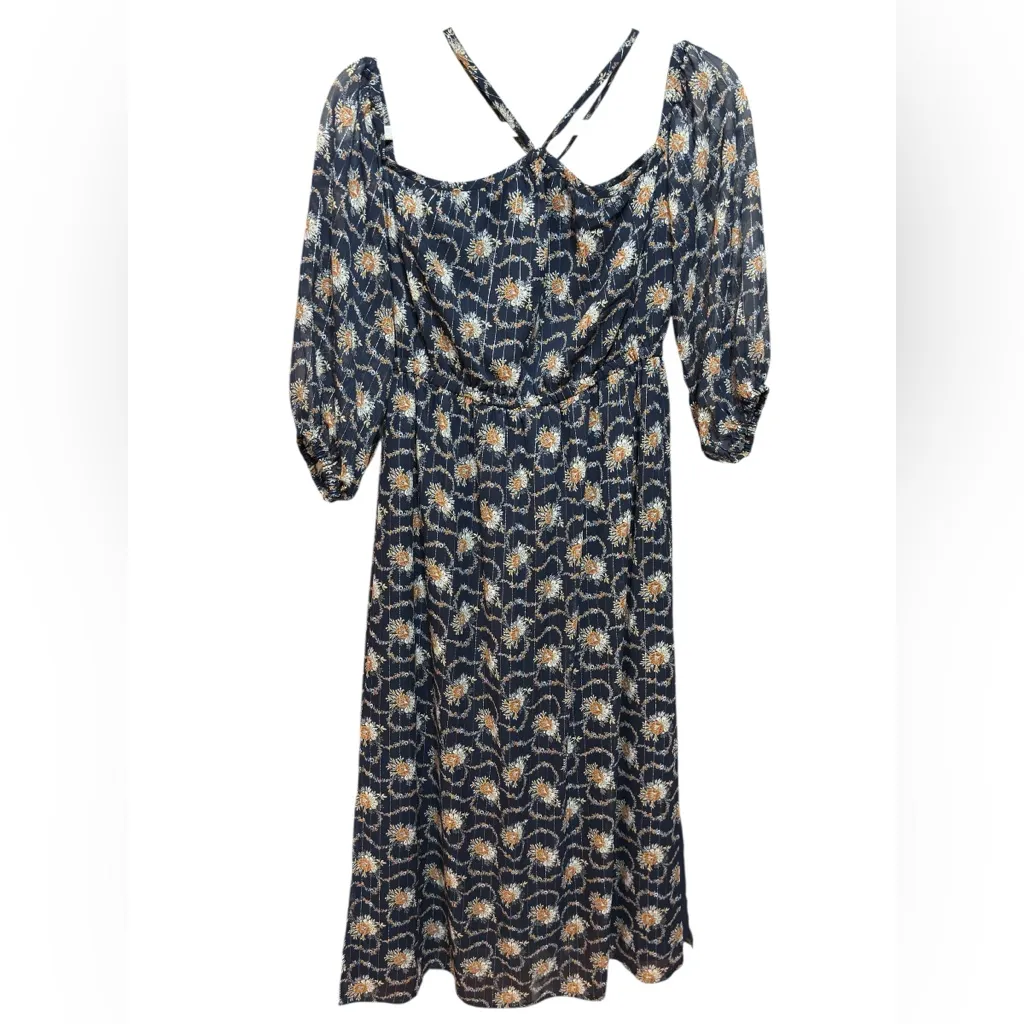 Club Monaco Tansa Dress in Deep Sapphire Blue Floral Metallic Pattern Sz 2 - Image 4