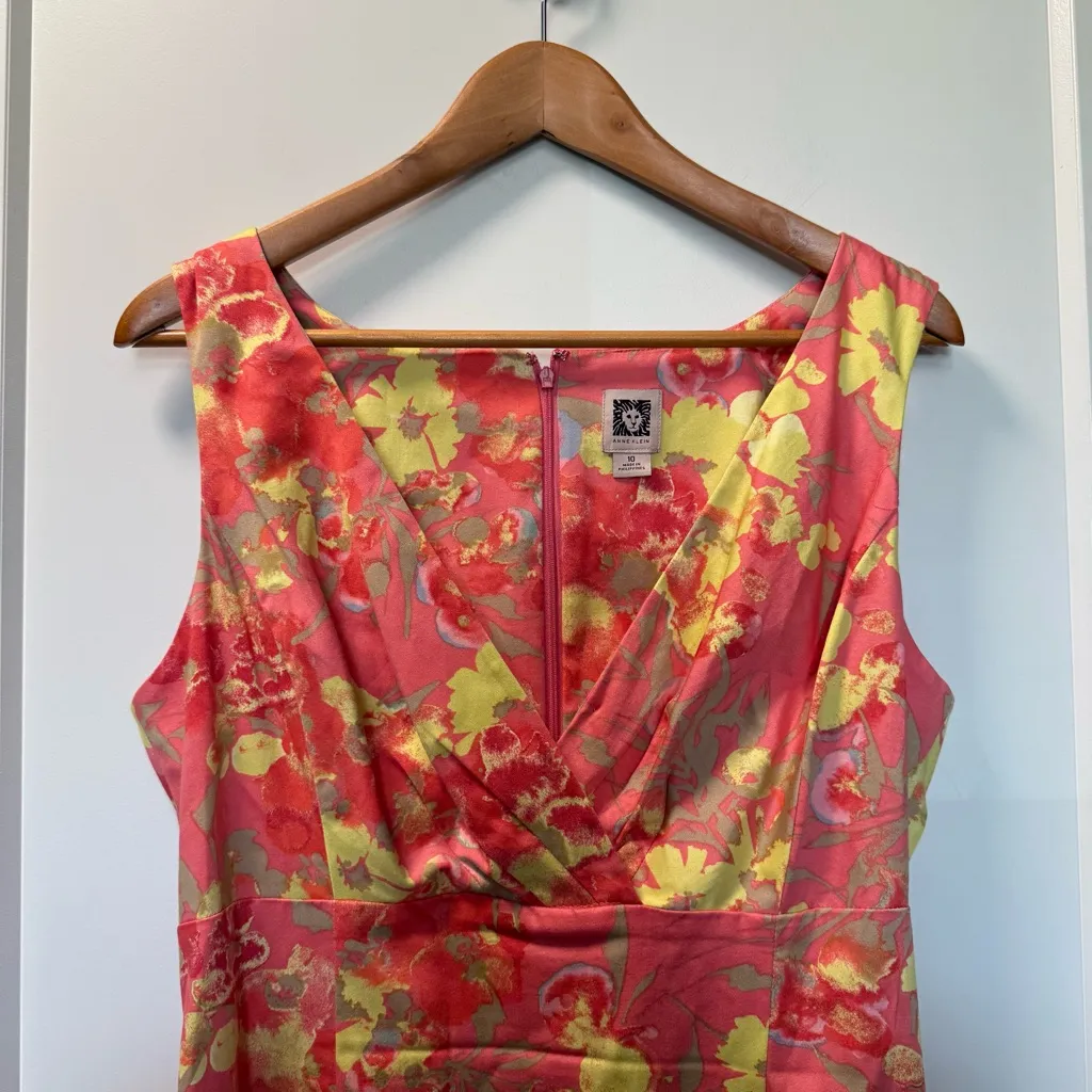 Anne Klein Peach Pink Yellow Floral V-Neck Knee Length Business Dress Careerwear - Image 2