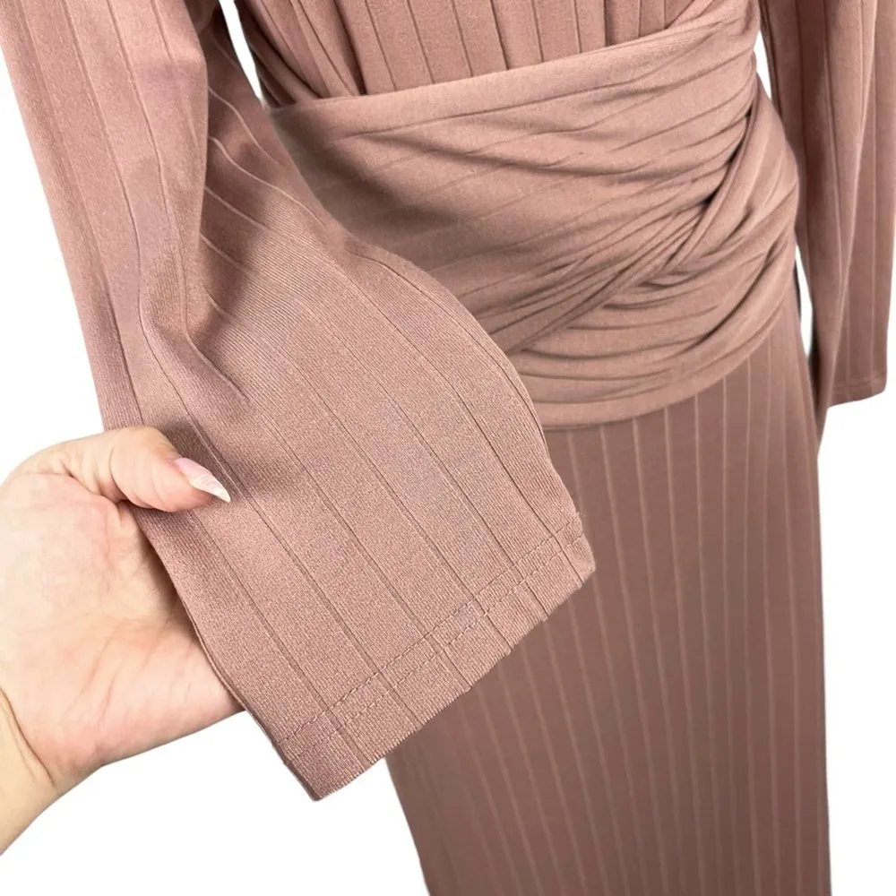 VEILED COLLECTION Ribbed Tie Waist Long Sleeve Wrap Waist Maxi Dress - Image 4