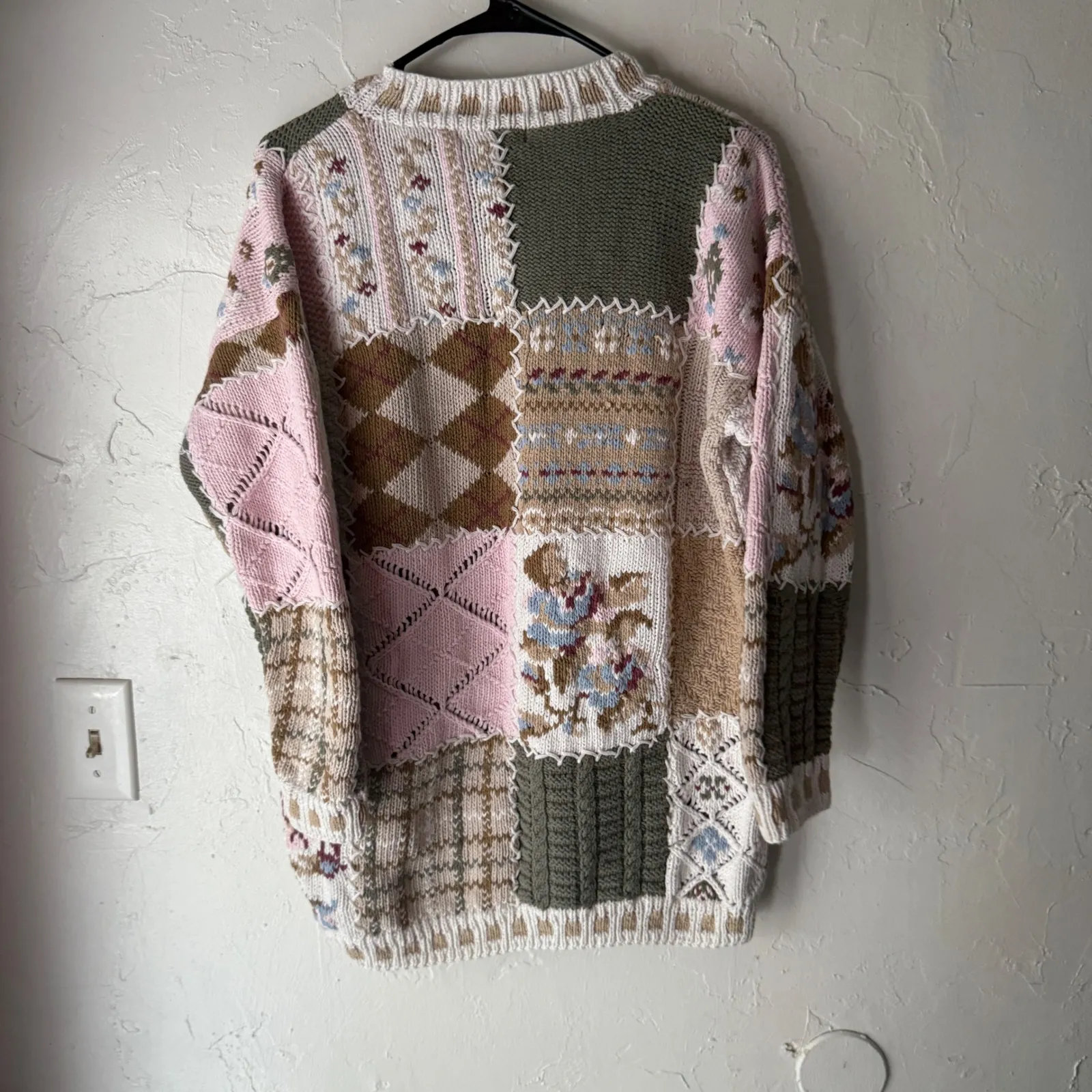 Cottage Granny Vintage 90s Chunky Hand Knitted Patchwork Sweater M Pink Floral Size M - Image 8