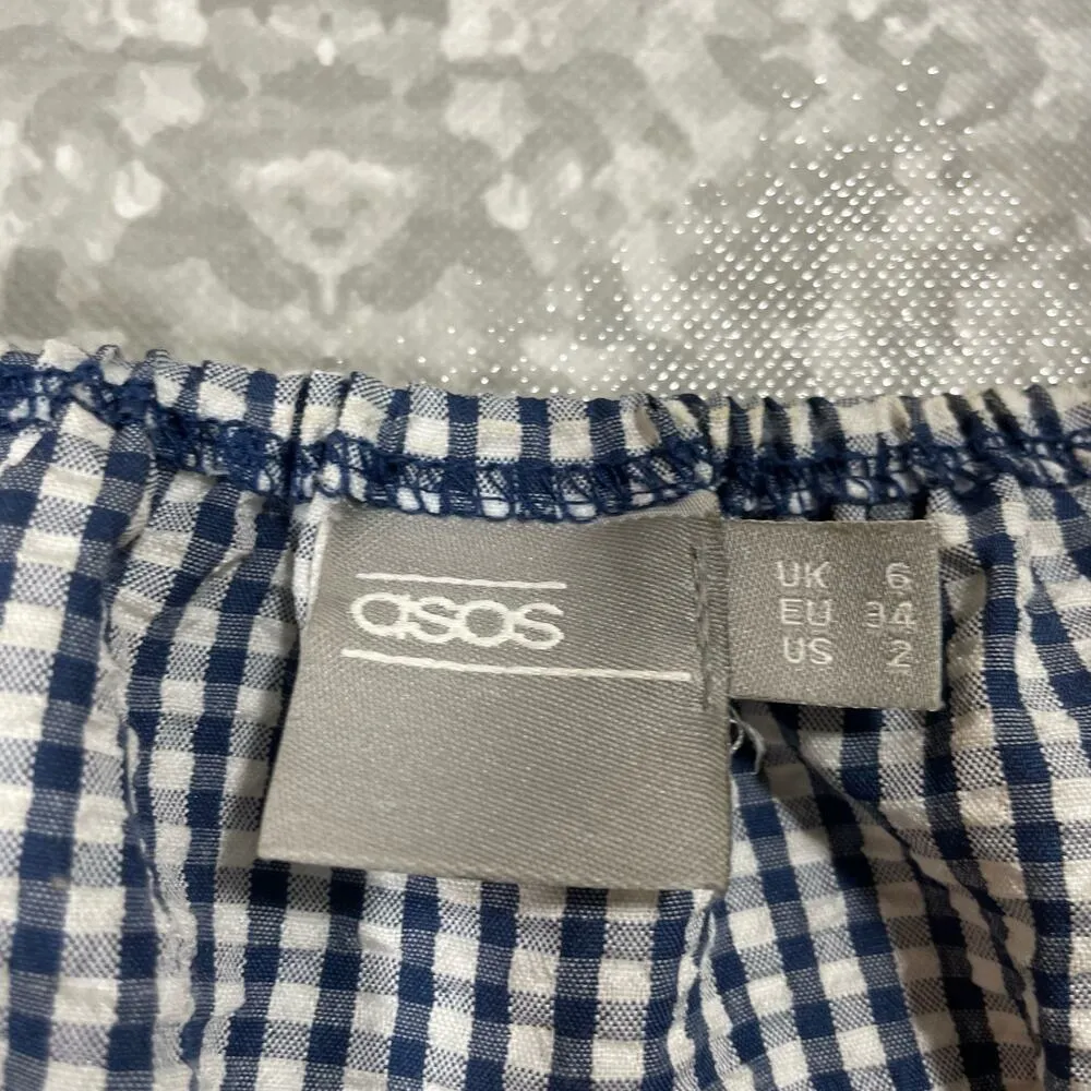 Asos Women's Blue & White Gingham Crop Puff Sleeve Peasant Top - Size 2 - Retro - Image 4