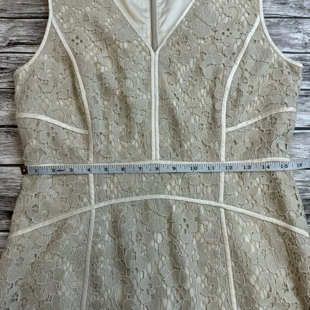 Lafayette 148 New York Women's Sleeveless V Neck Lace Overlay Dress 6 Bone Cream - Image 12