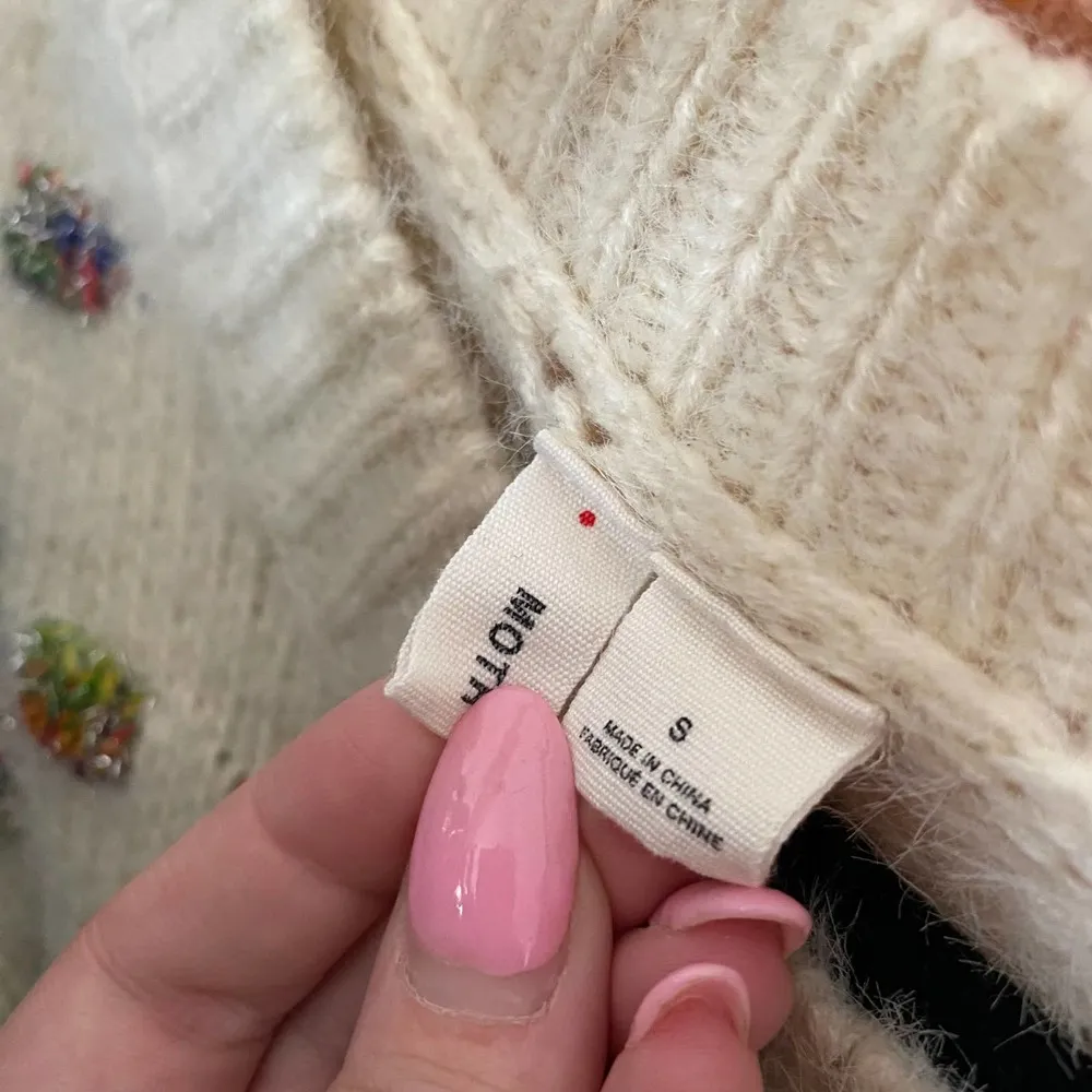 Moth Metallic Check Crew Neck Pullover Knit Sweater Cream Size Small - Image 7