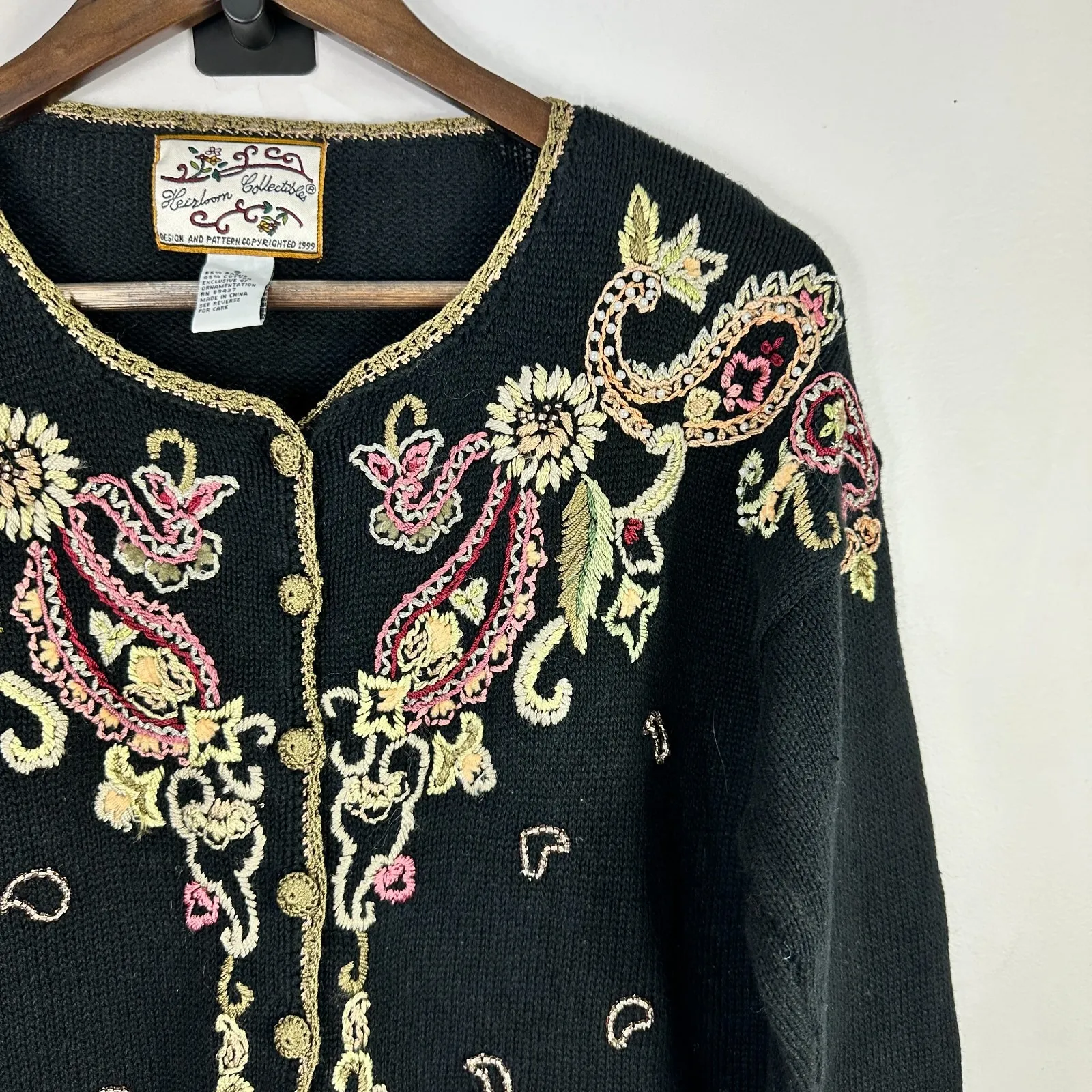 Heirloom Collectibles Floral Embroidered Cardigan Sweater Small Black Whimsical - Image 6