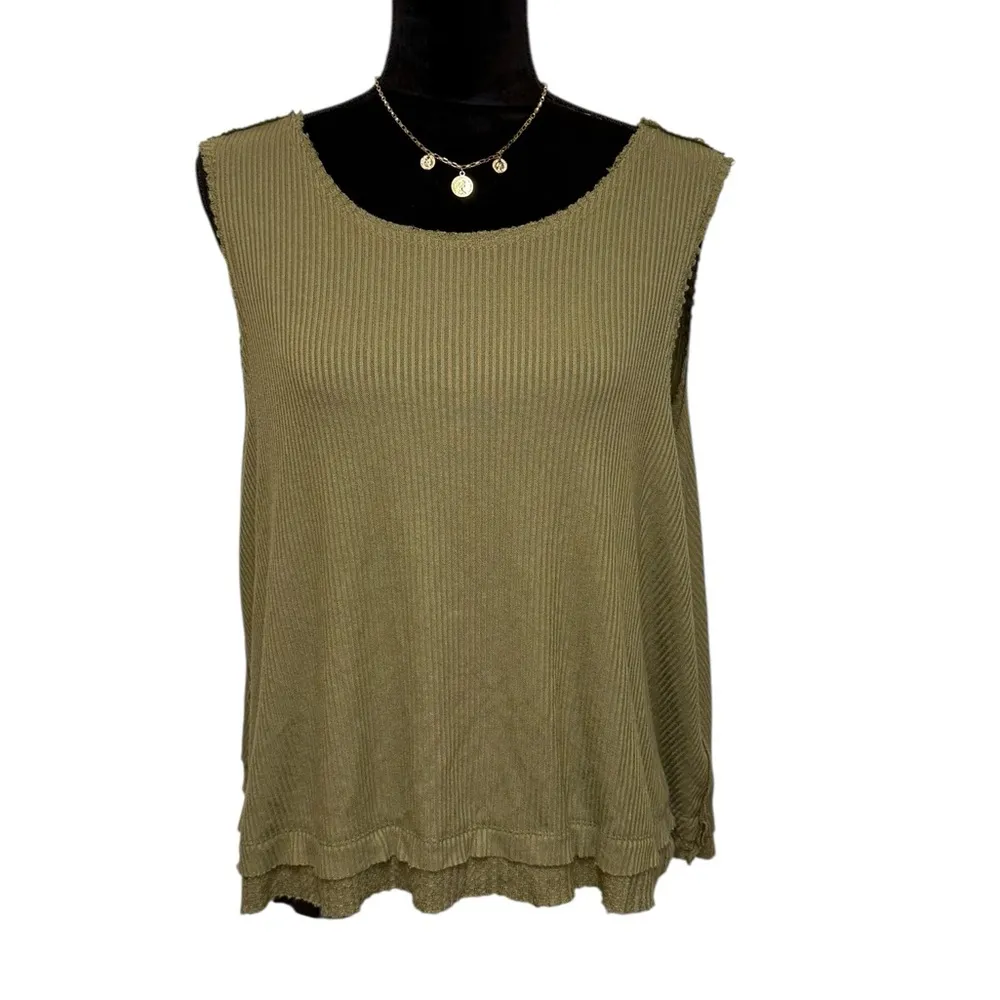 Free People We the Free Willow Ribbed Tank Top Green Raw Trim Edges Size Medium - Image 2