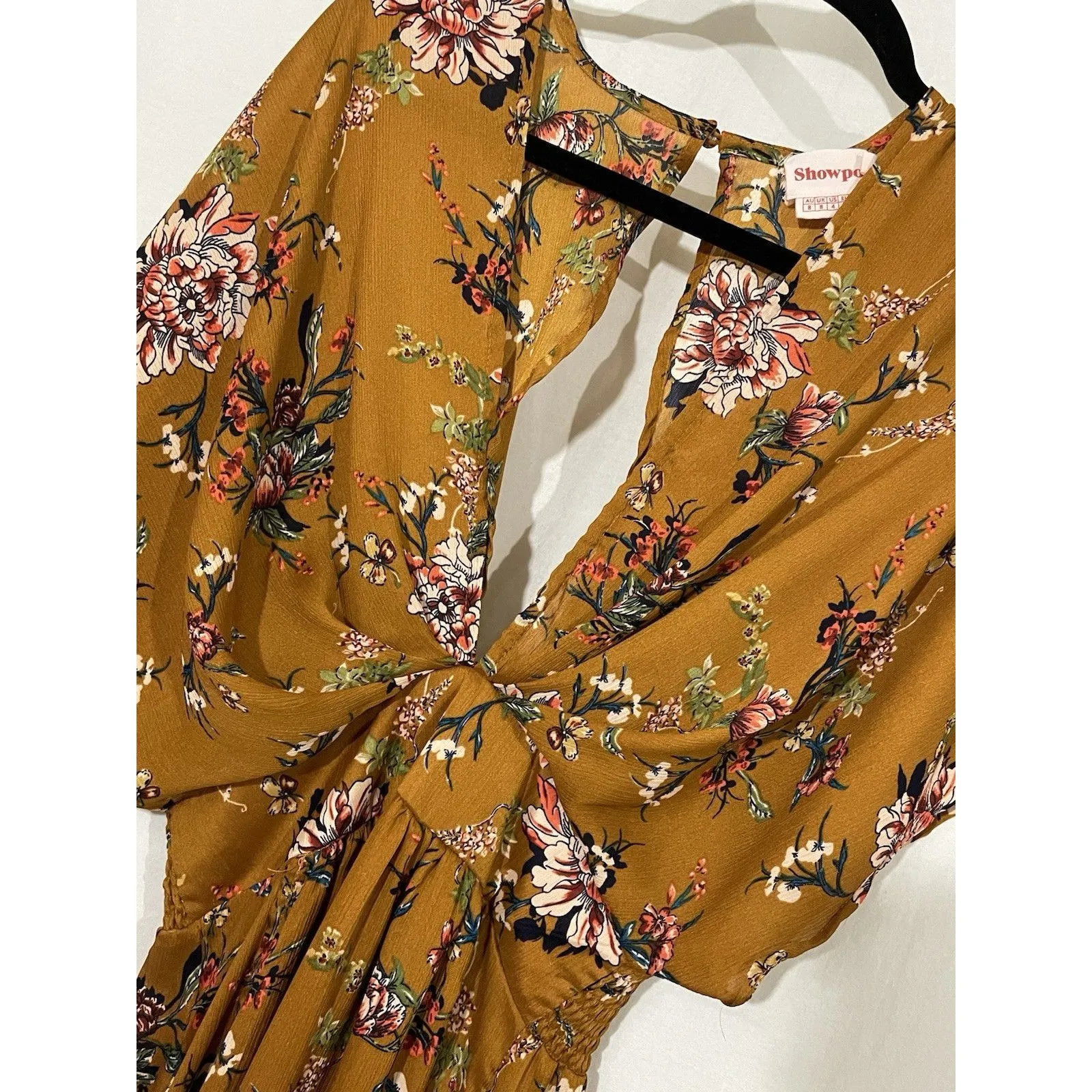 Showpo Vacay Ready BOHO Maxi Dress Plunge Thigh Split In Mustard Floral SZ 4 - Image 4