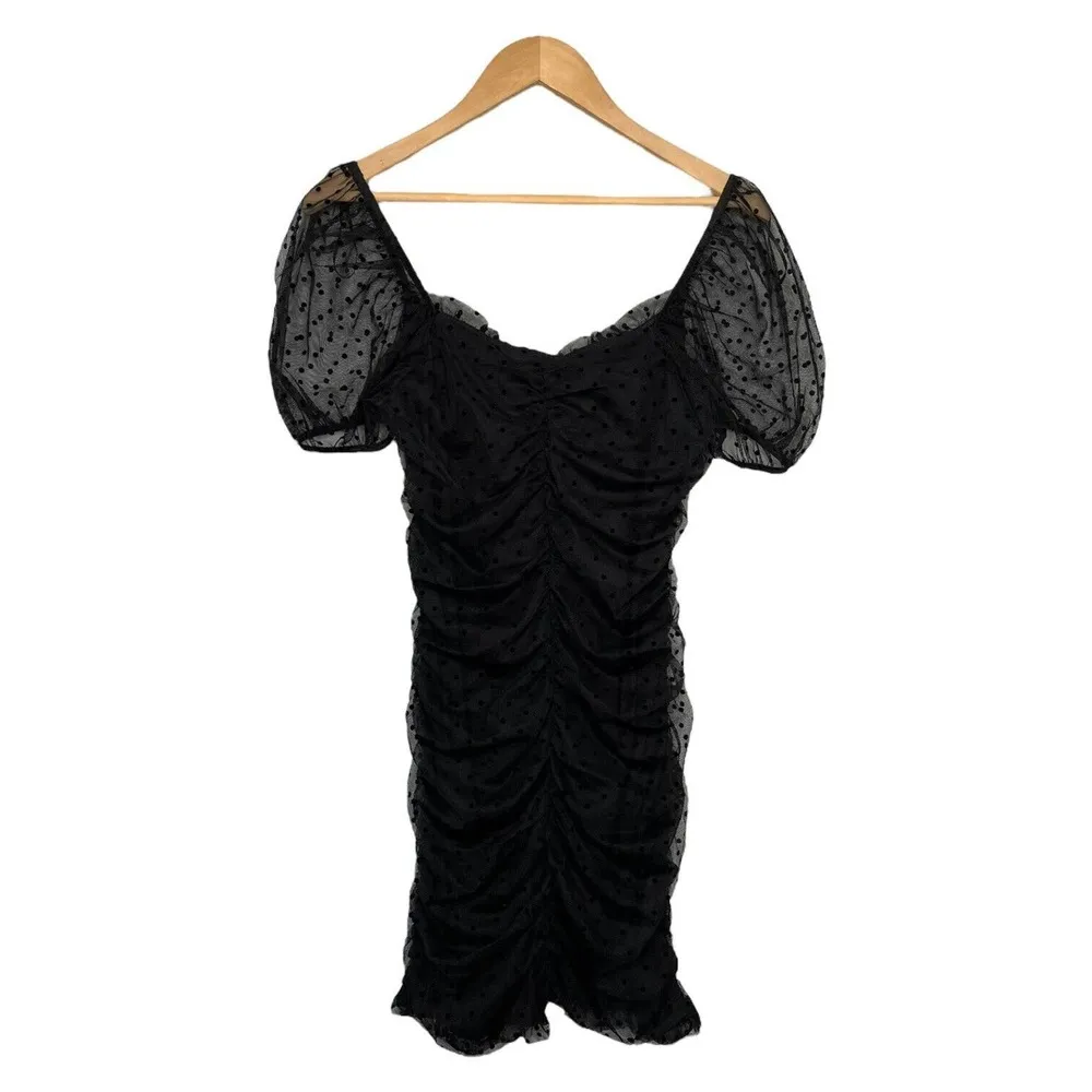 Divided H & M Ruched Gathered Polka Dot Mesh Party Cocktail Dress Black M - Image 5