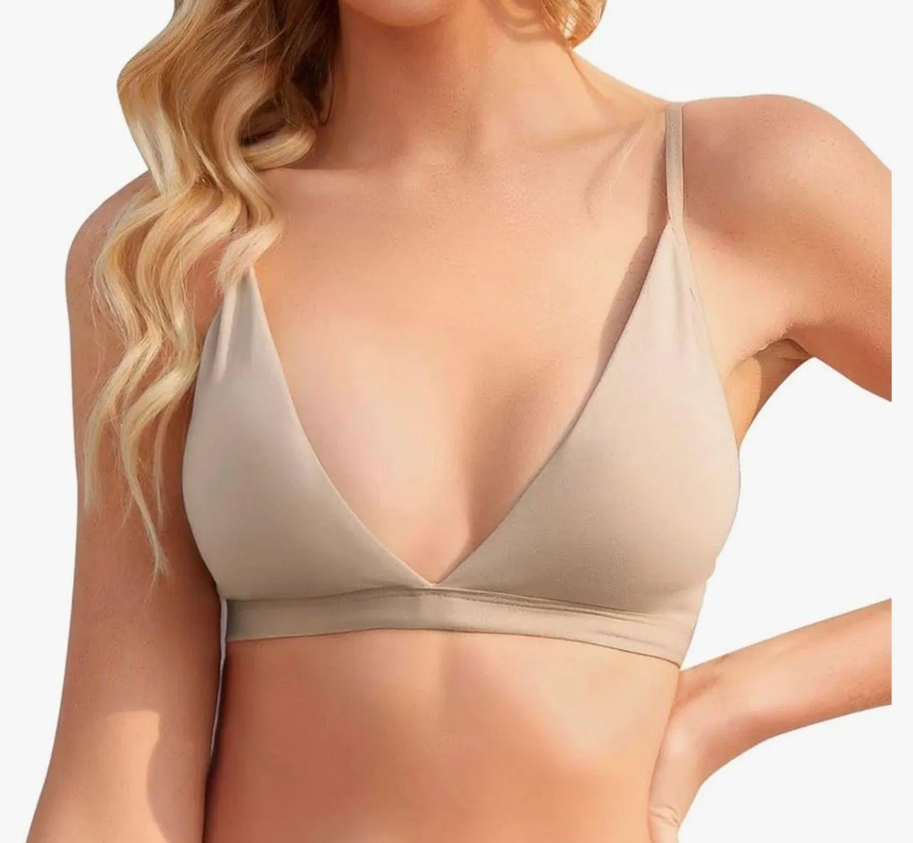 Cream Removable Padded Yoga Seamless V Neck Bralette - Image 2