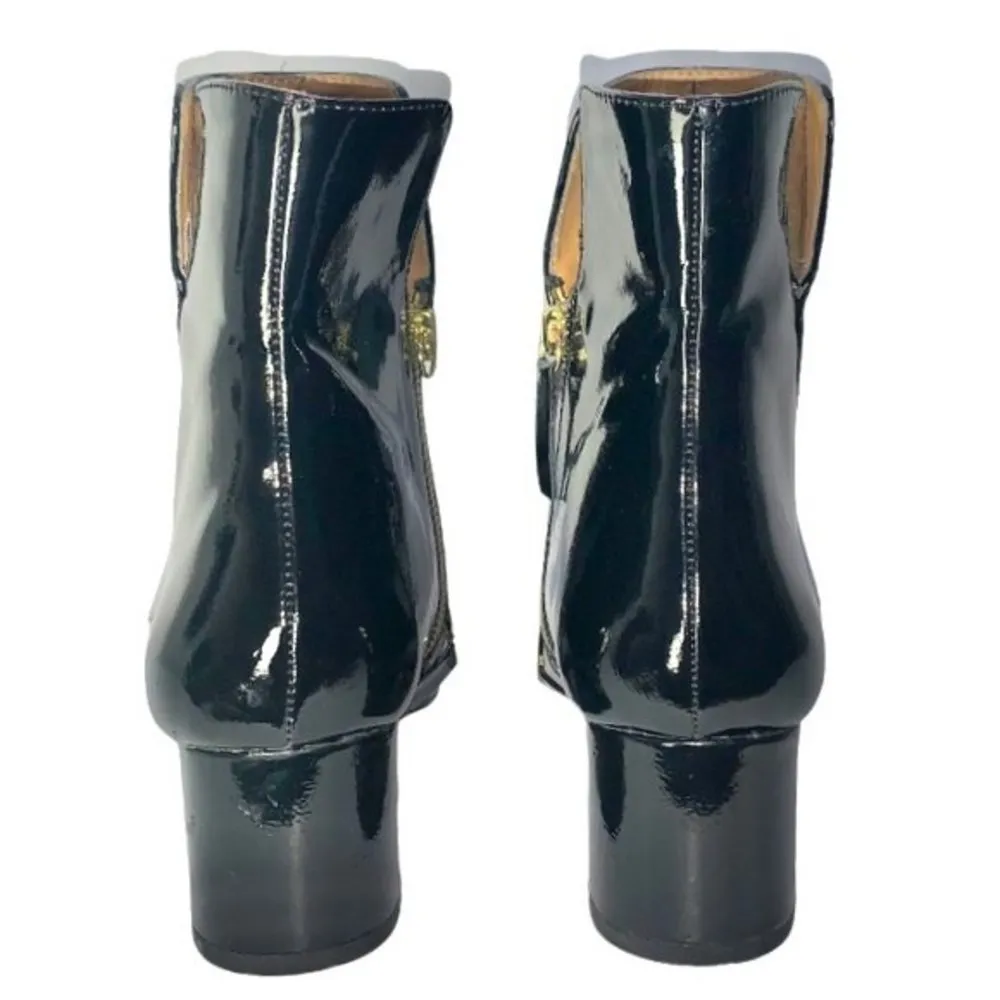 Black/Gold Patent Leather Side Zip Almond Toe Chunky Block Heel Ankle Boots - Image 6