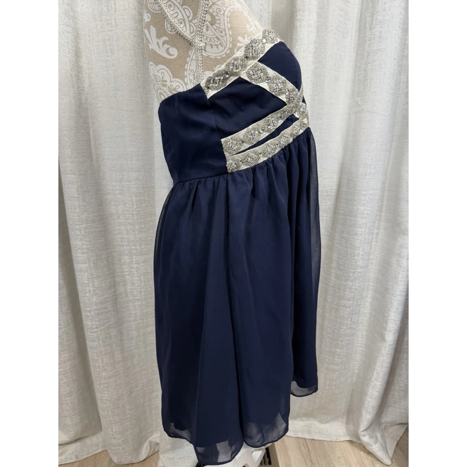 GB Navy Blue Strapless Beaded Cocktail Dress – Size L - Image 4