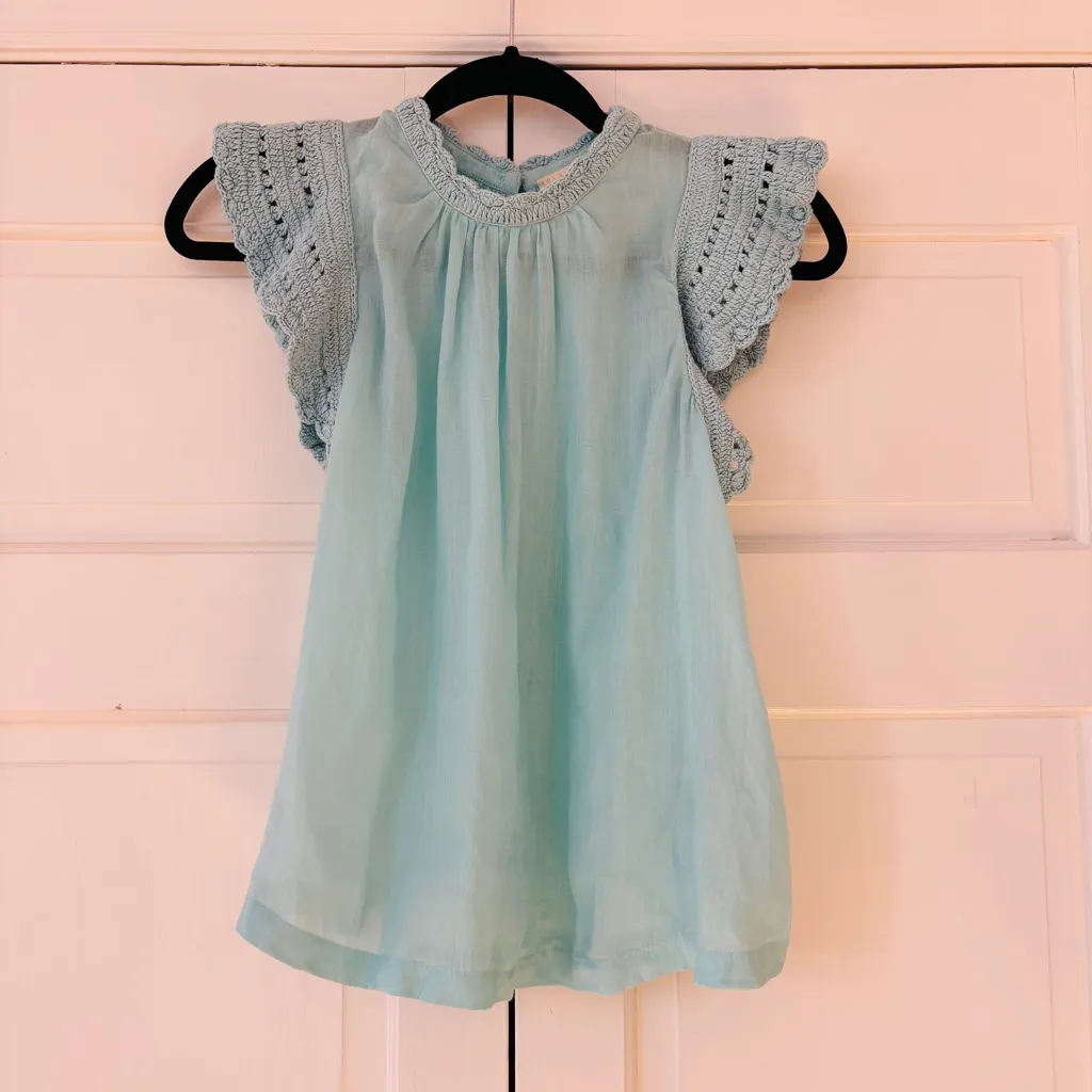 ULLA JOHNSON Kai Top Bryl Sky Blue Aqua Shirt Size 2 Cotton Crochet Flutter Slee - Image 5