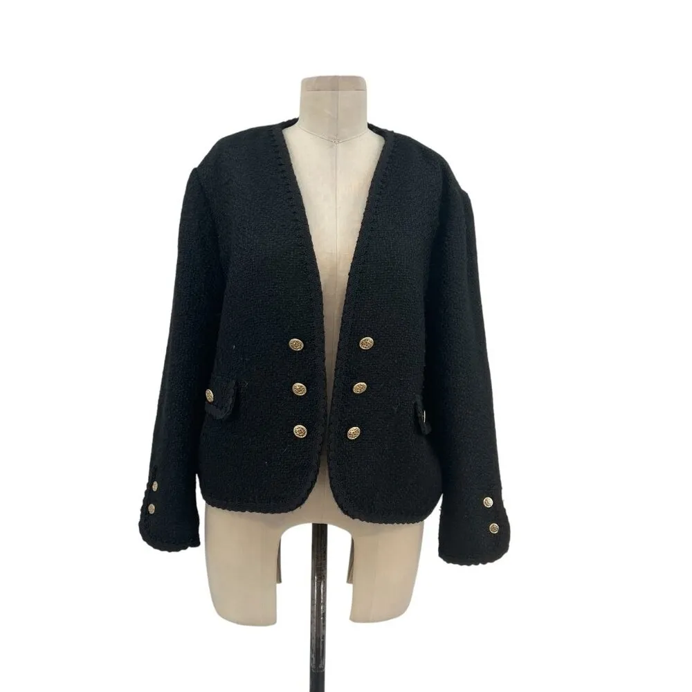 Zara Jacket Button Textured Tweed Gold‎ Button Open Cropped Black Blazer XXL - Image 3
