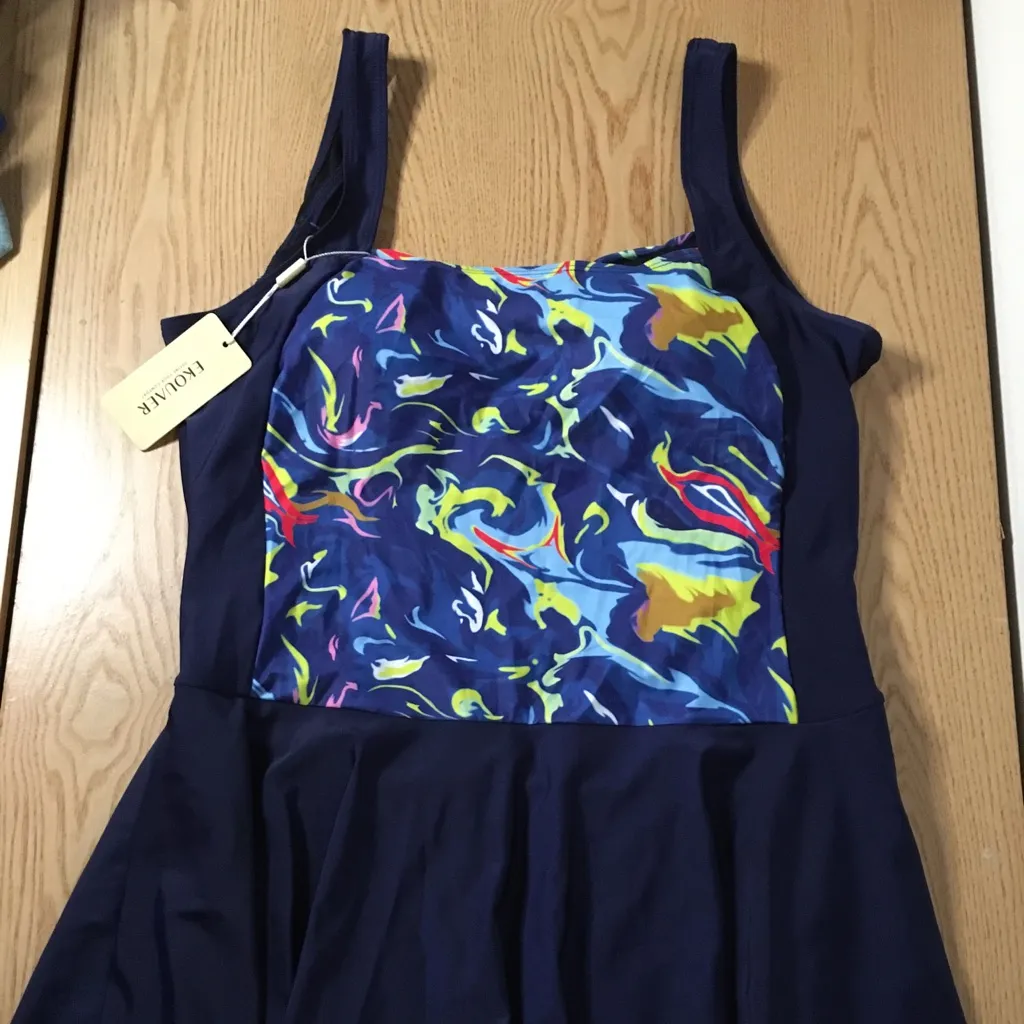 B44 New Women’s Ekouaer Swim Dress Ruched Front Navy Size XXLarge Blue - Image 2