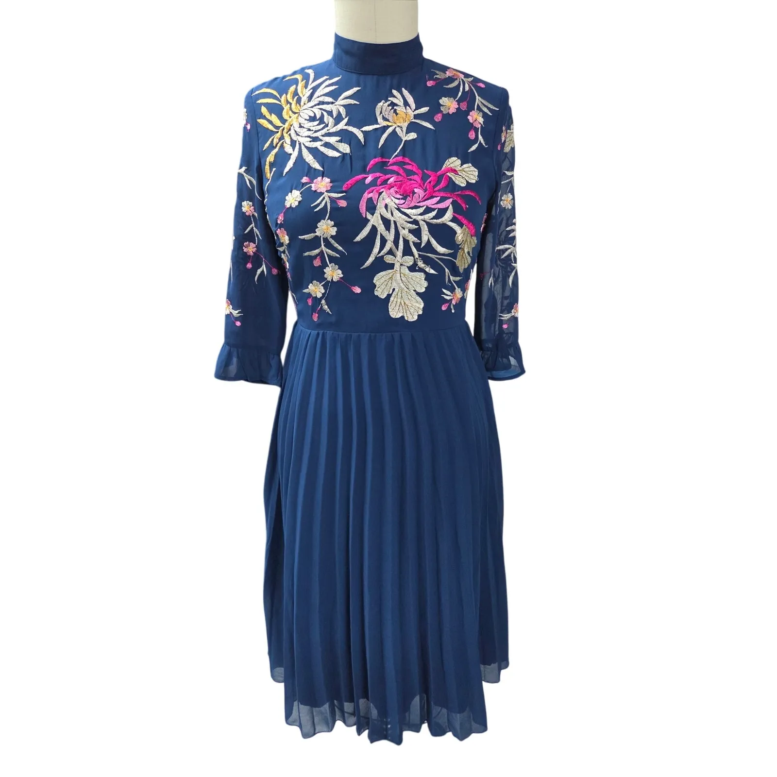 ASOS Navy Embroidered Pleated Midi Dress Sz 12 - Image 2