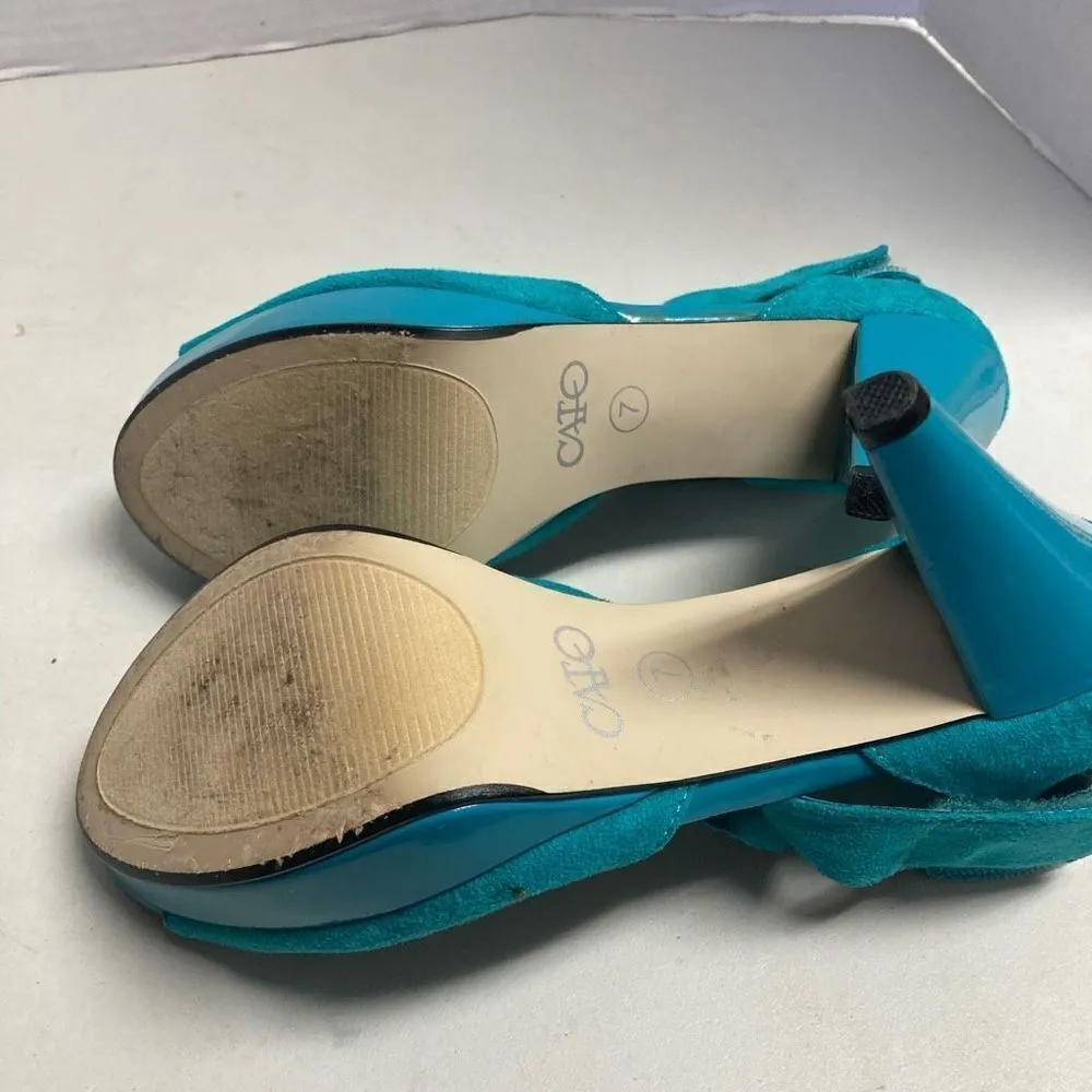 CATO Turquoise Ruffle Strap Hook & Loop Peep Toe Heels Size 7 - Image 4