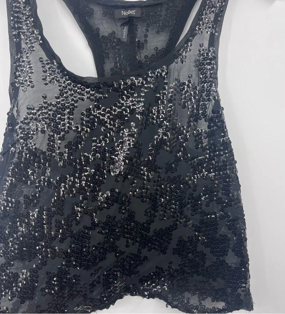 Nollie Black Grunge Sequin Sheer Crop Tank Top Size Medium - Image 4