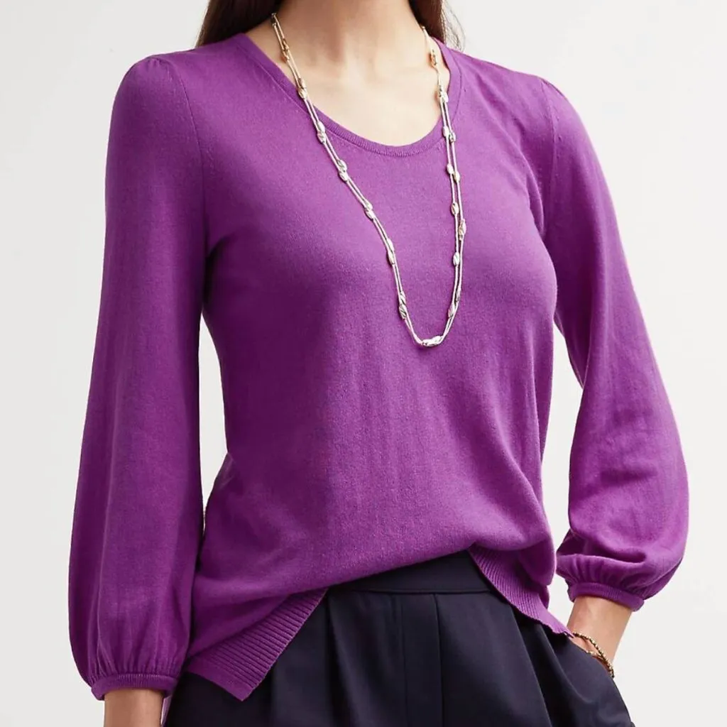 J. JILL Wearever Collection Silk Blend Blouson Sleeve Sweater Purple 3/4 Sleeve Size L - Image 4