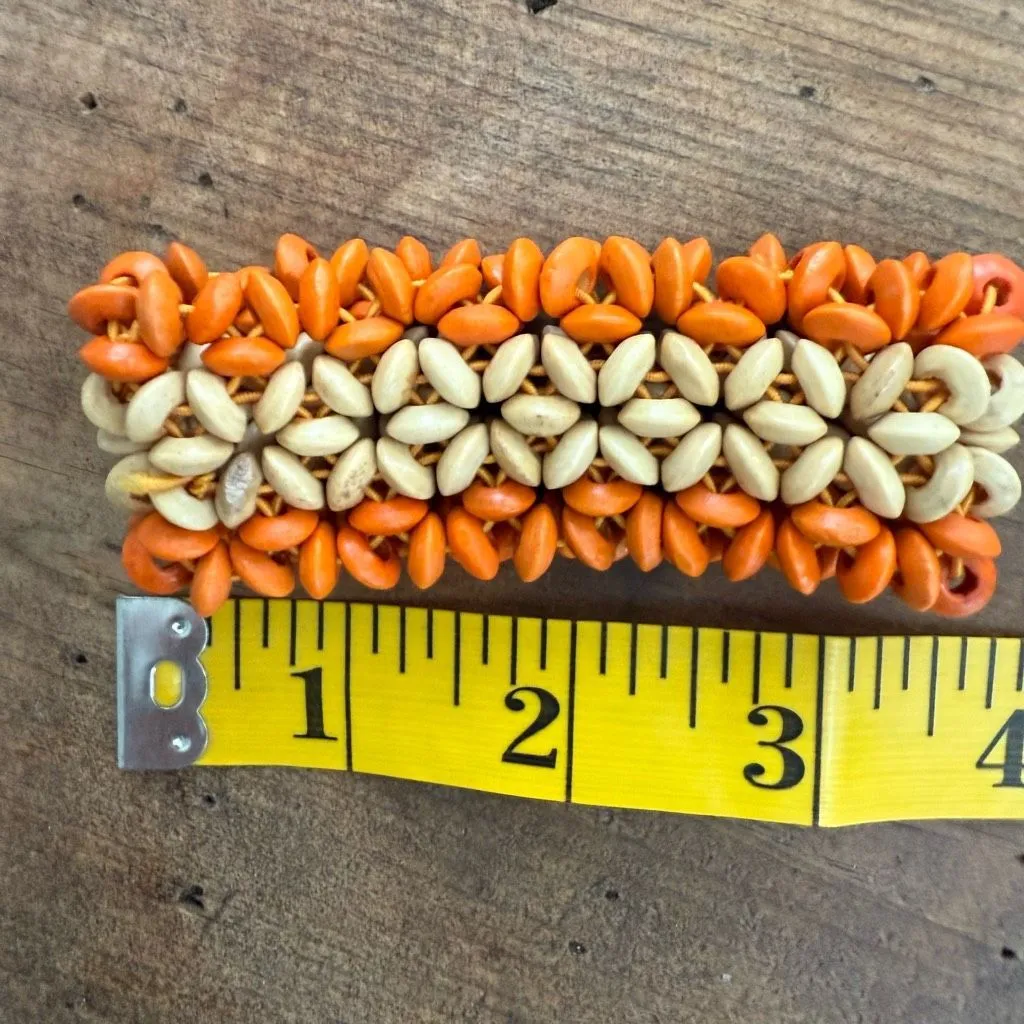 Vintage Elastic Wooden Flower Bead Bracelet Stretchy Orange Beige OSFM - Image 8