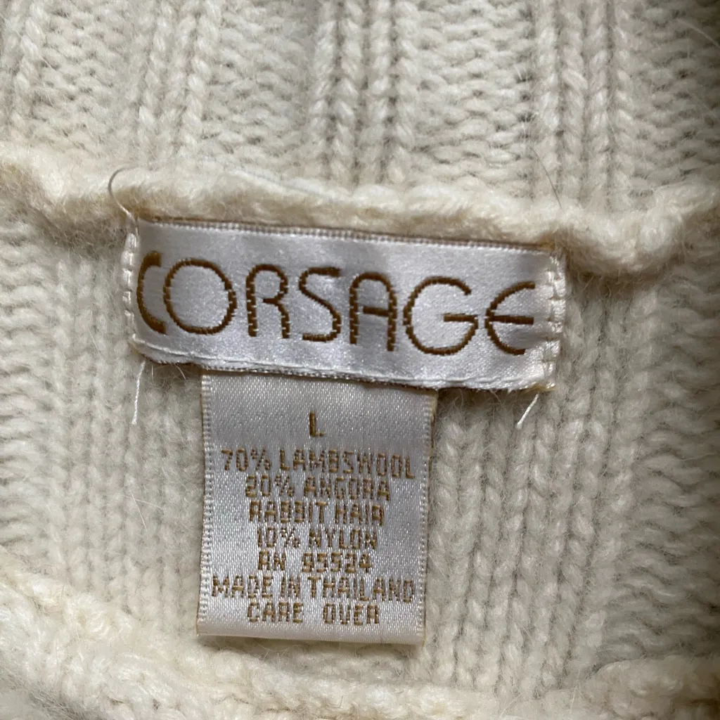 Vintage Wool Chunky Cable Knit Cream Mockneck Sweater Medium Fisherman Cozy Warm - Image 3