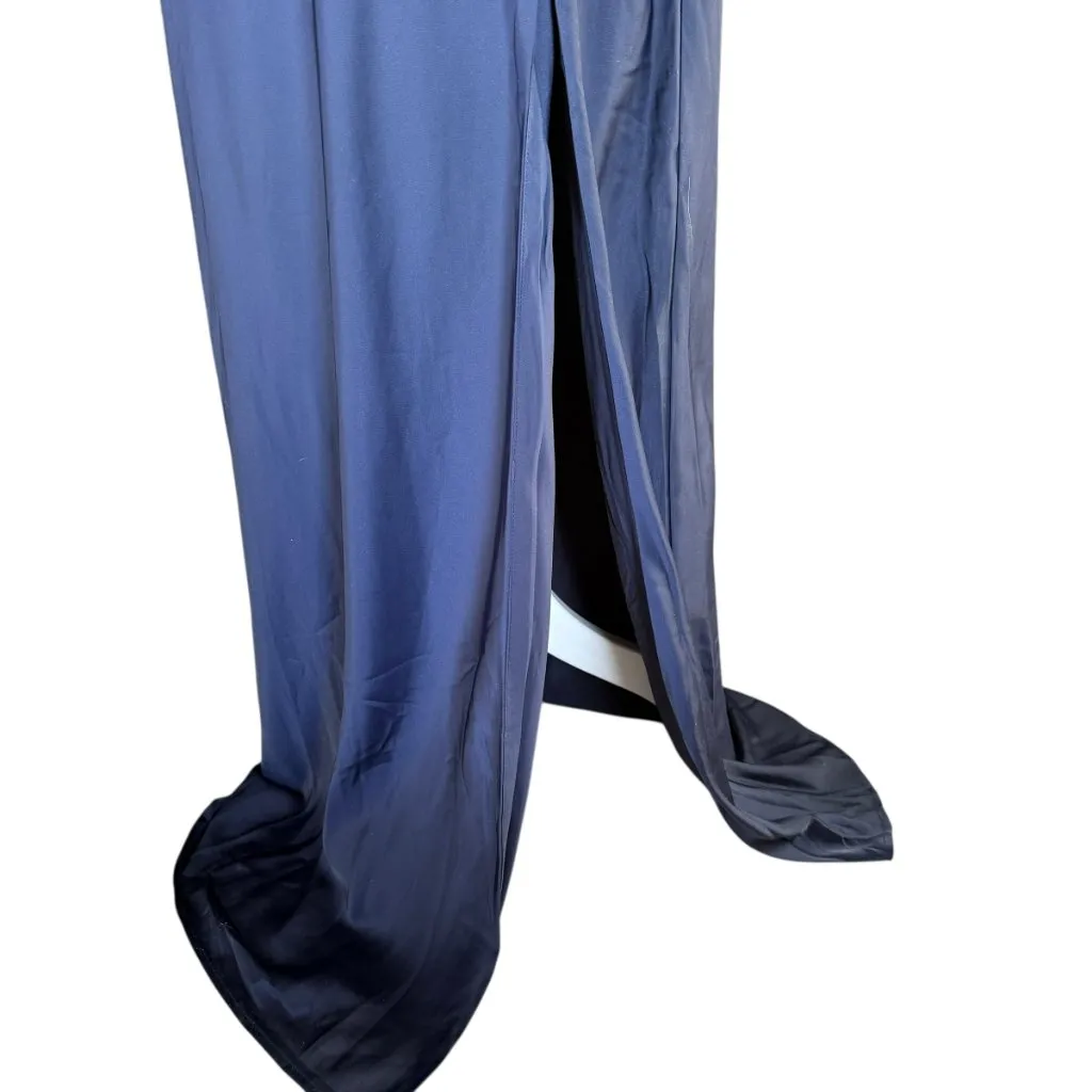 Lulus women's XL dark blue short cinched sleeved v-neck slit maxi formal dress - Image 5