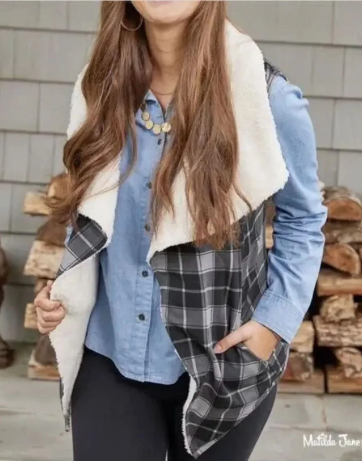 Matilda Jane Cozy Up Vest Reversible Black Gray Plaid Sherpa Lined Size Medium - Image 1