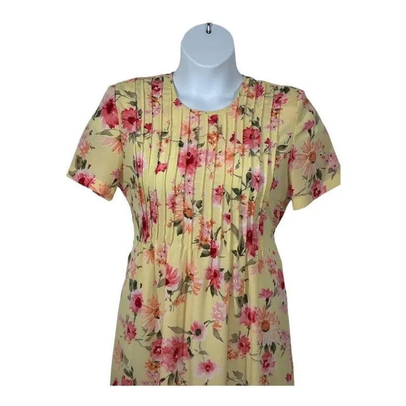 Vintage Miss Dorby Petite Floral Pleated Midi Dress 10P Yellow Belted - Image 5