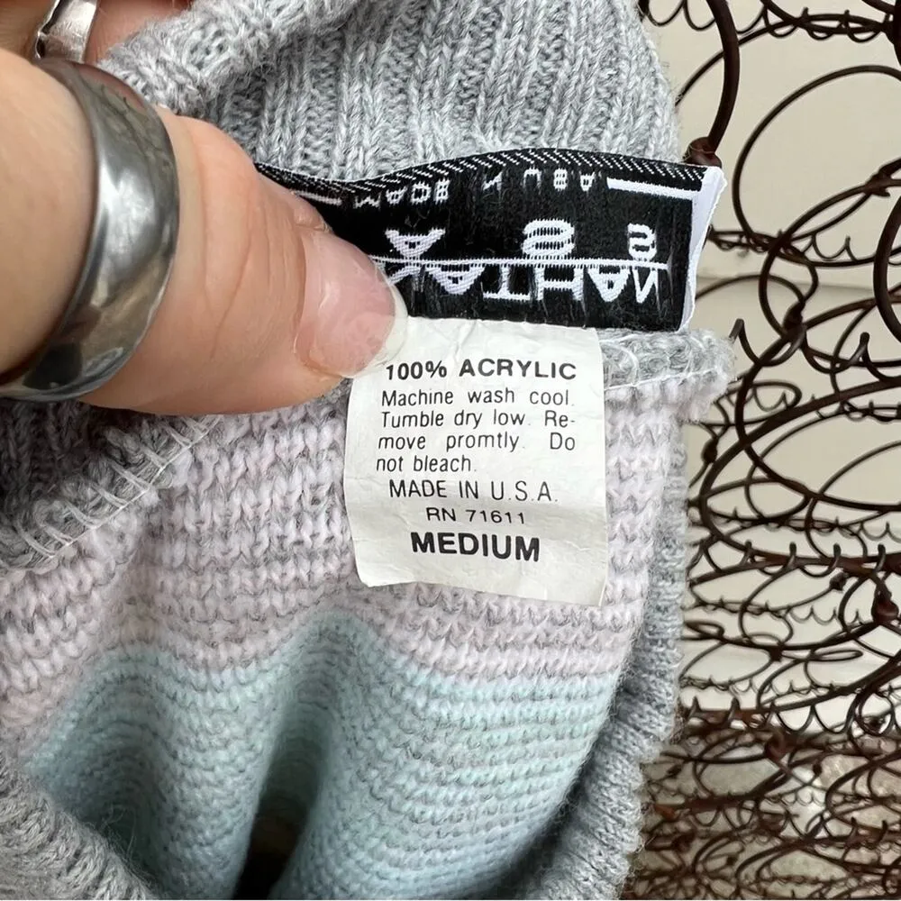 Vintage 80s Jonathan Cass pastel pink gray white blue fair isle floral sweater Size M - Image 5