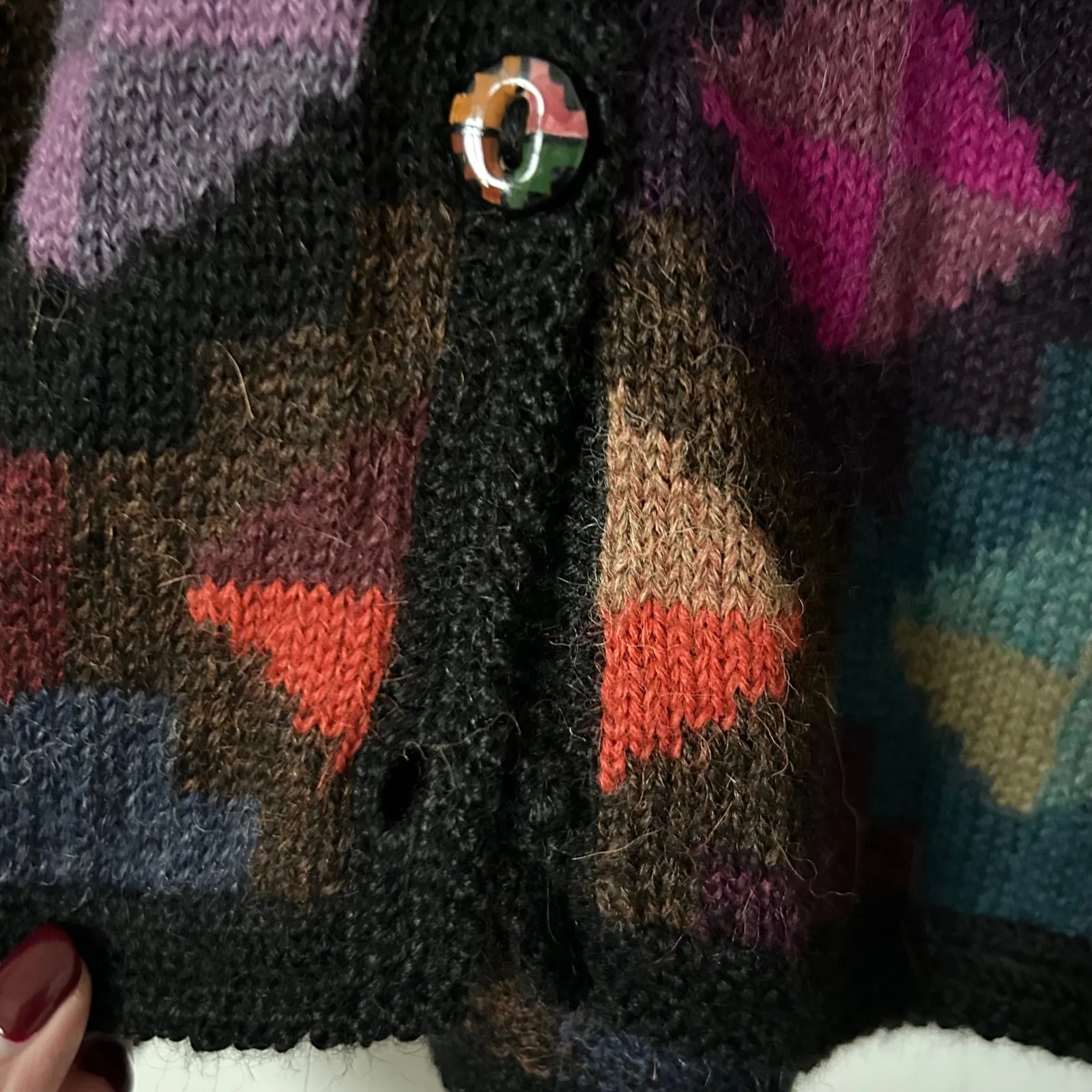 La Vicunita Baby Alpaca Geometric Pattern Button Front Cardigan Size Large Purple - Image 4