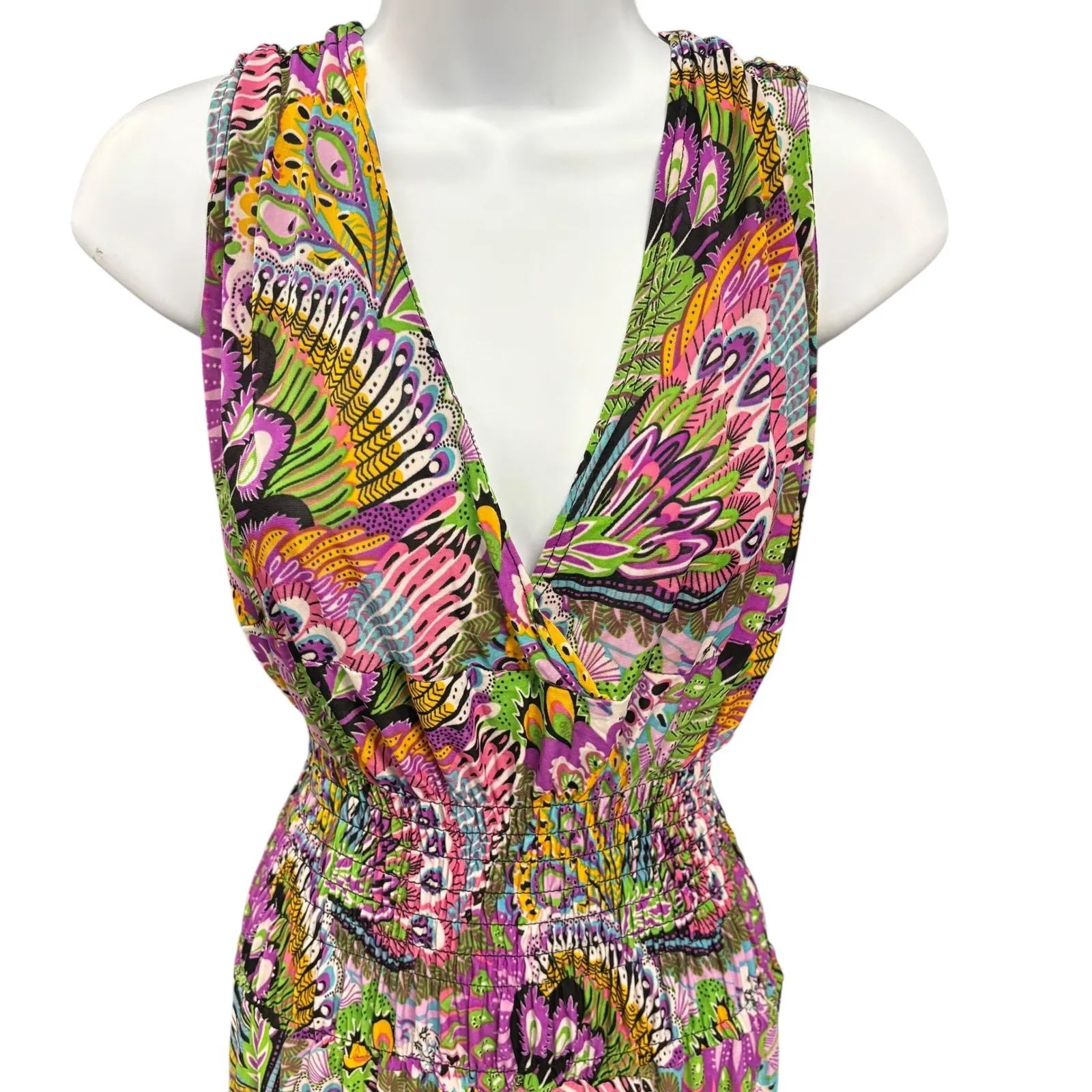 Womens Vibrant Abstract Print Jumpsuit Wide Leg Smocked Waist V Neck Boho L Purple Size L - Image 3