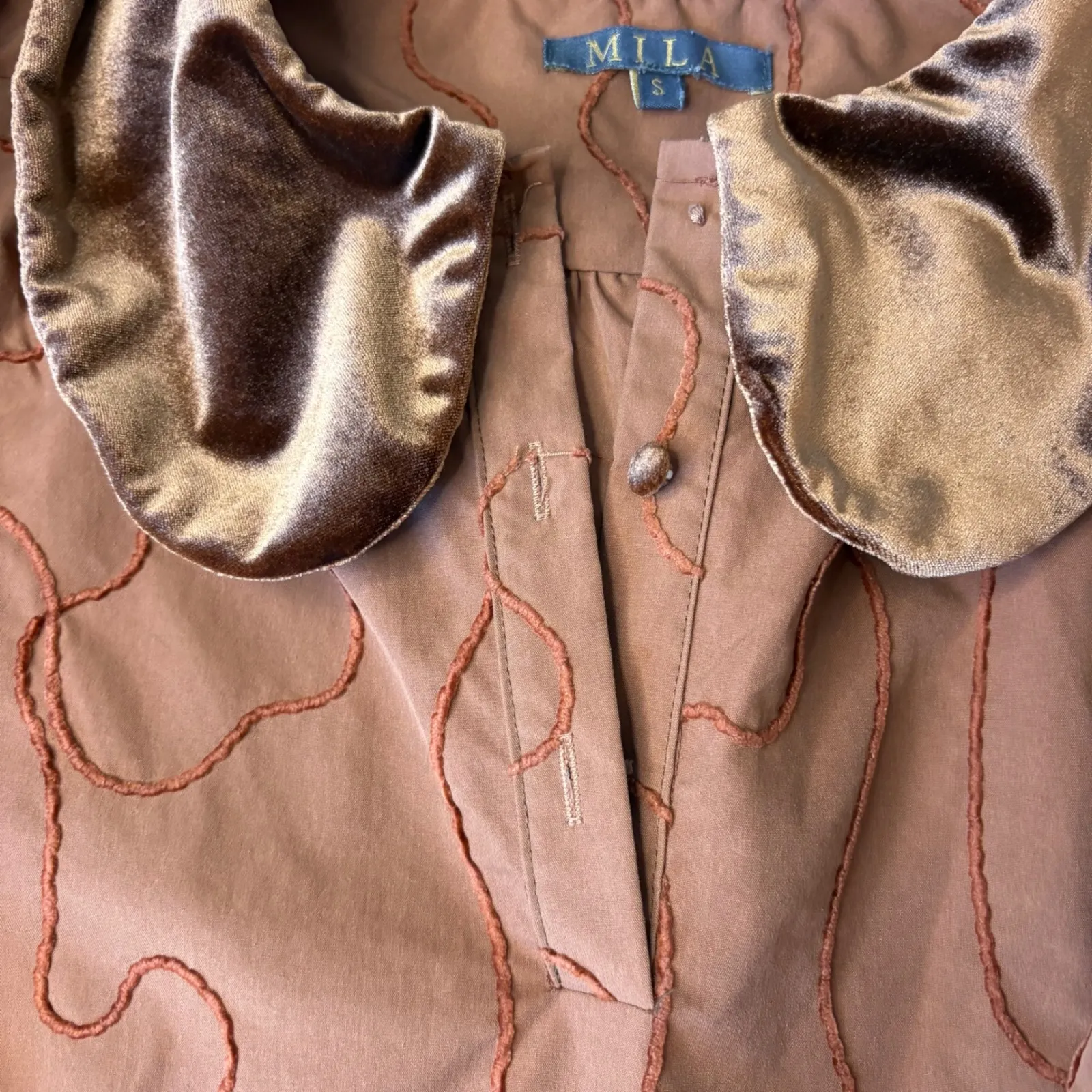 Mila Dress S Rust Brown Tiered Midi Long Sleeve Velvet Collar Embroidered Womens - Image 8