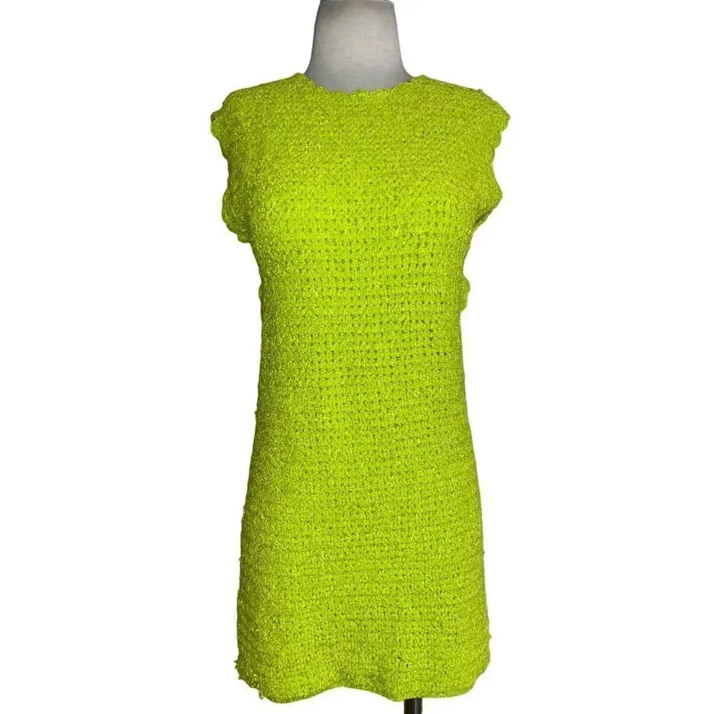 Ganni Velvet Crochet Open Back Mini Dress in Lime Punch Small New Womens Velour - Image 5