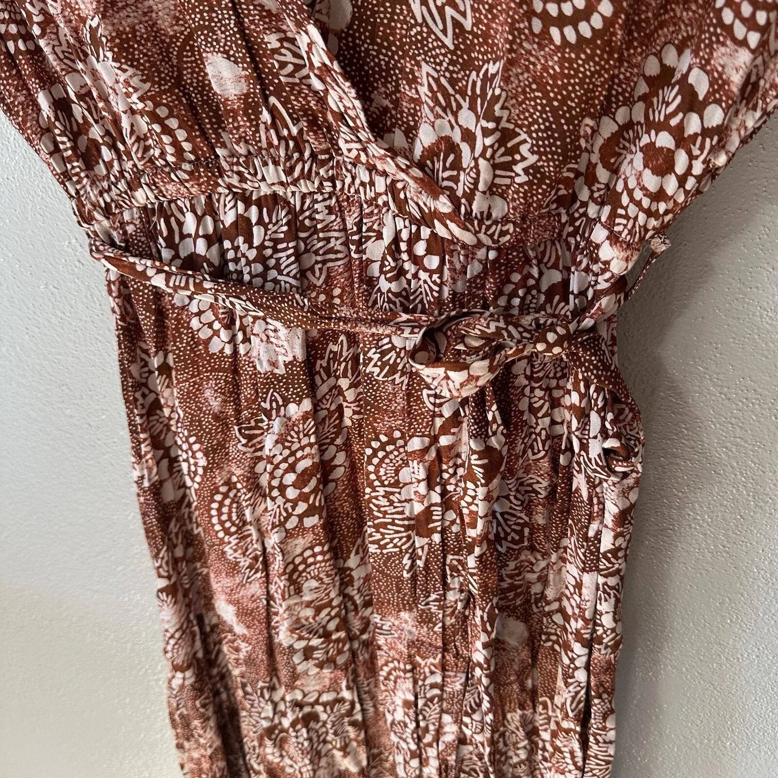 Rip Curl‎ Dress Size Small Brown Ivory Floral Short Sleeve Wrap V-Neck Maxi Boho - Image 4