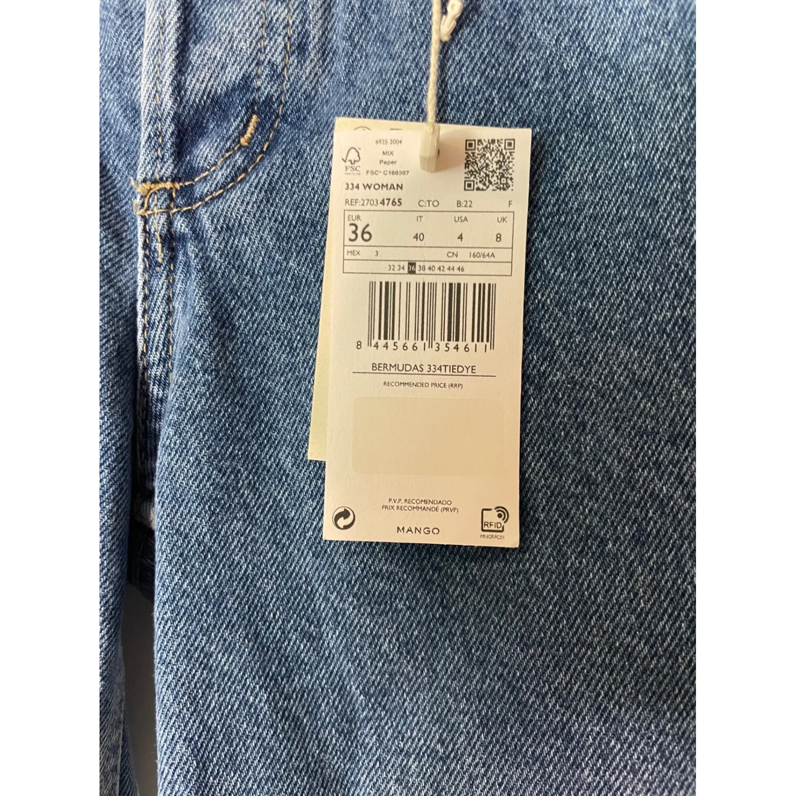 MANGO Woman Bermuda Tie Dye Denim Shorts Size 4 36 Blue White High Waist - Image 2